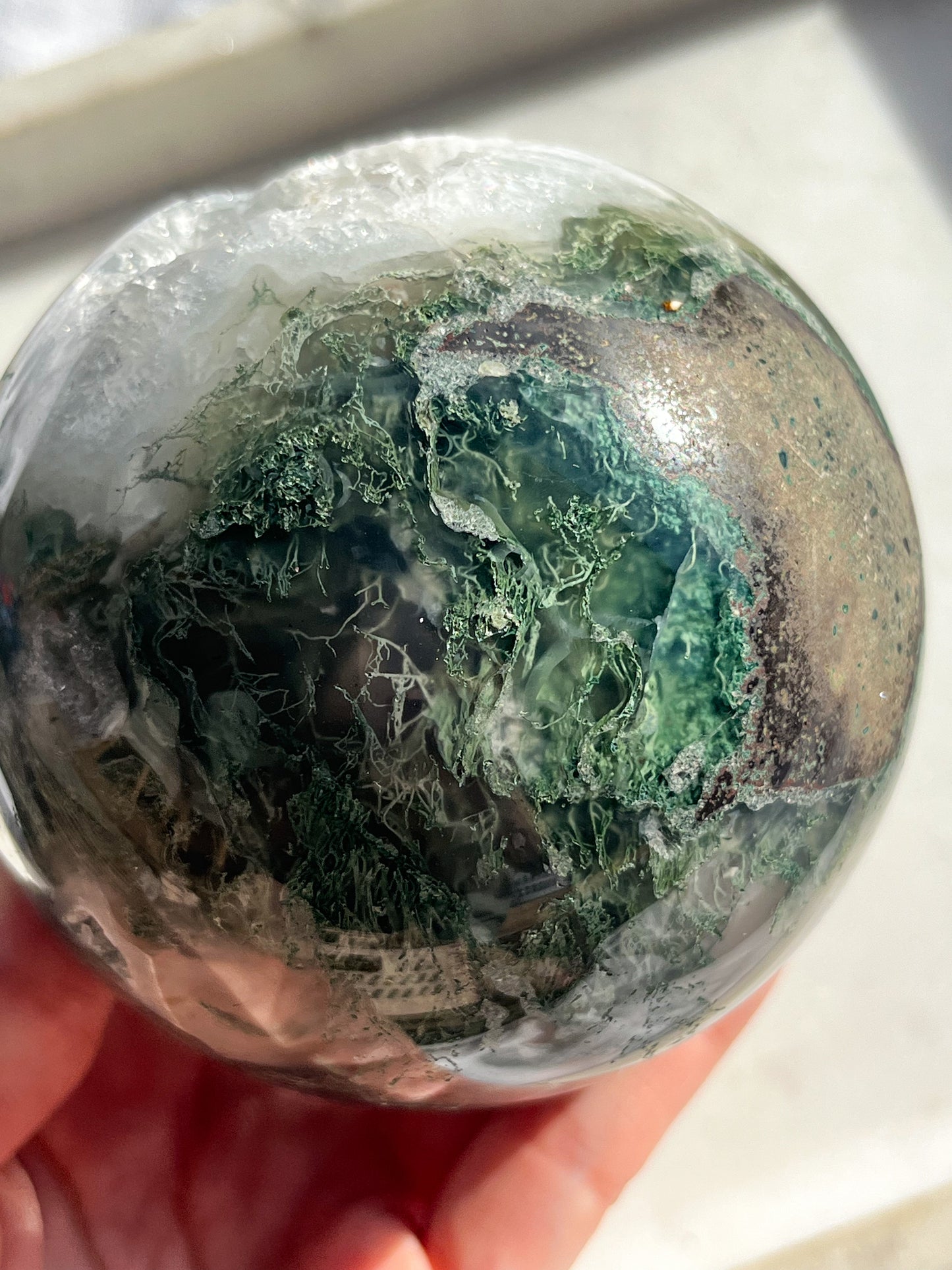 'Saturn' A Grade Moss Agate & Quartz Geode Sphere #7