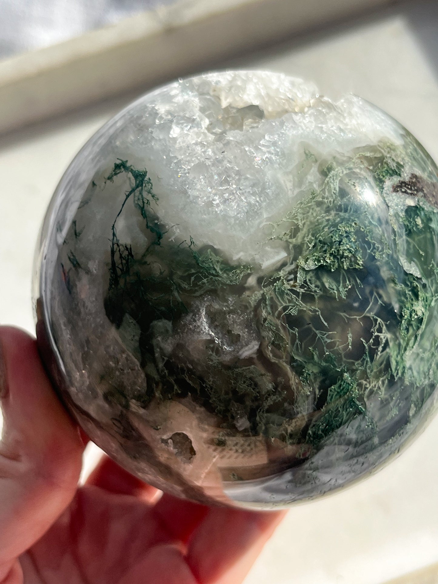 'Saturn' A Grade Moss Agate & Quartz Geode Sphere #7