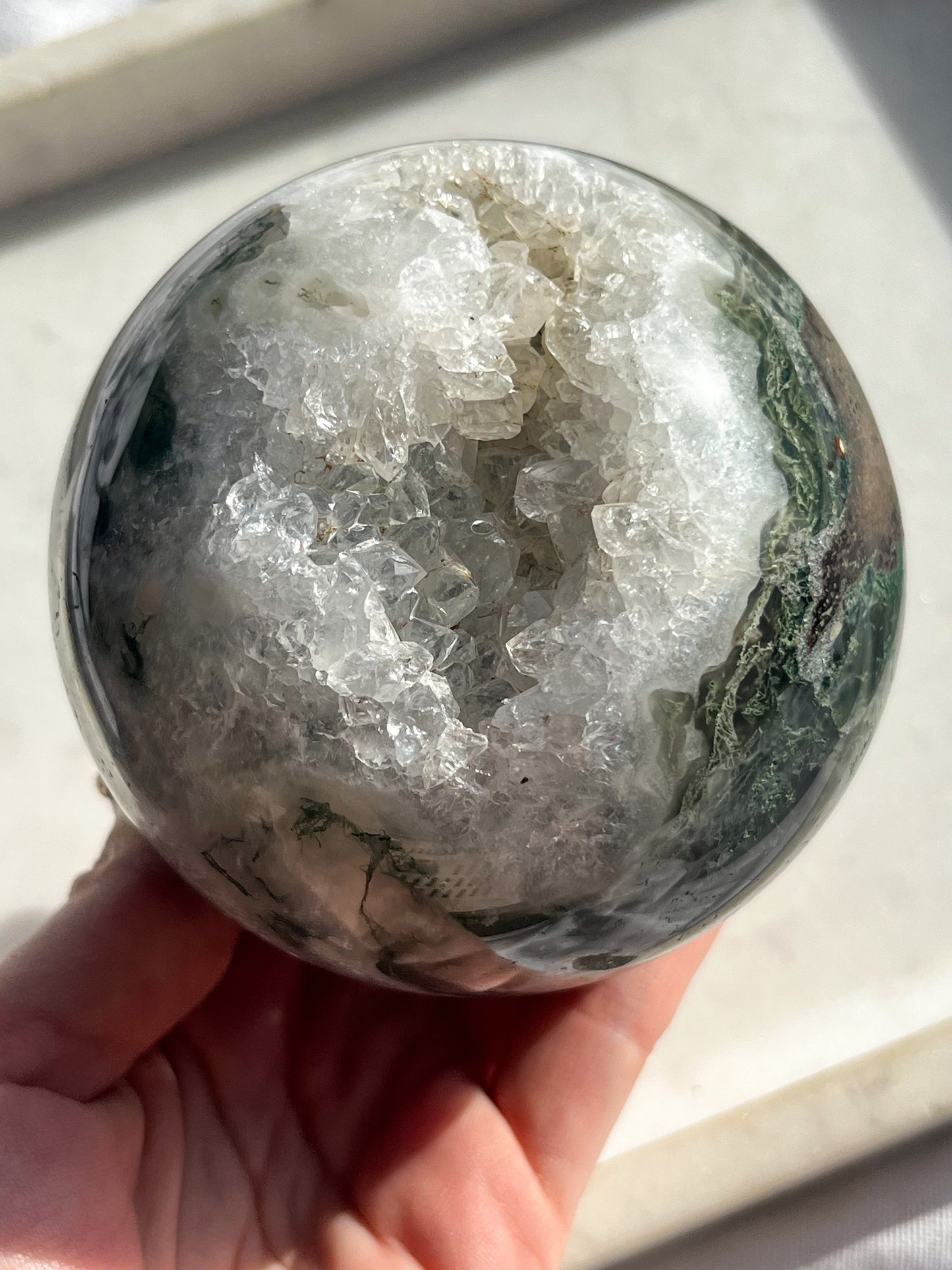 'Saturn' A Grade Moss Agate & Quartz Geode Sphere #7