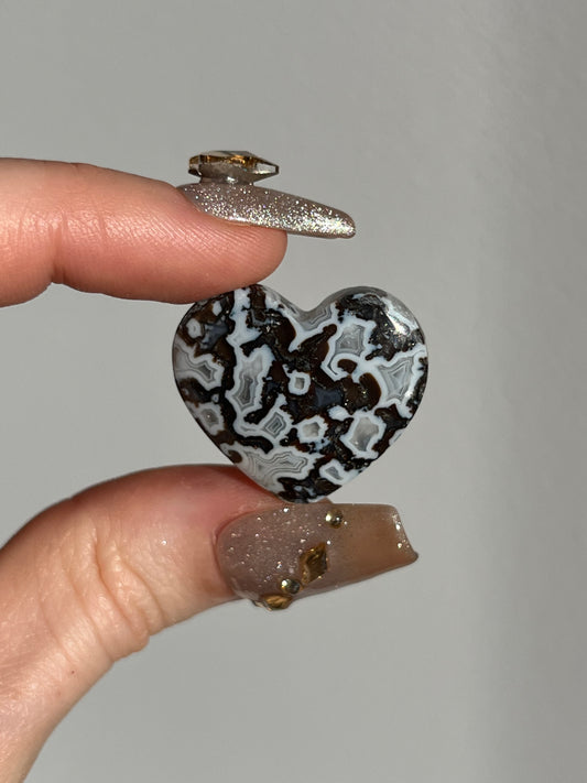 Agatised Black Petrified Wood and Marcasite Mini Heart Carving (You Choose)