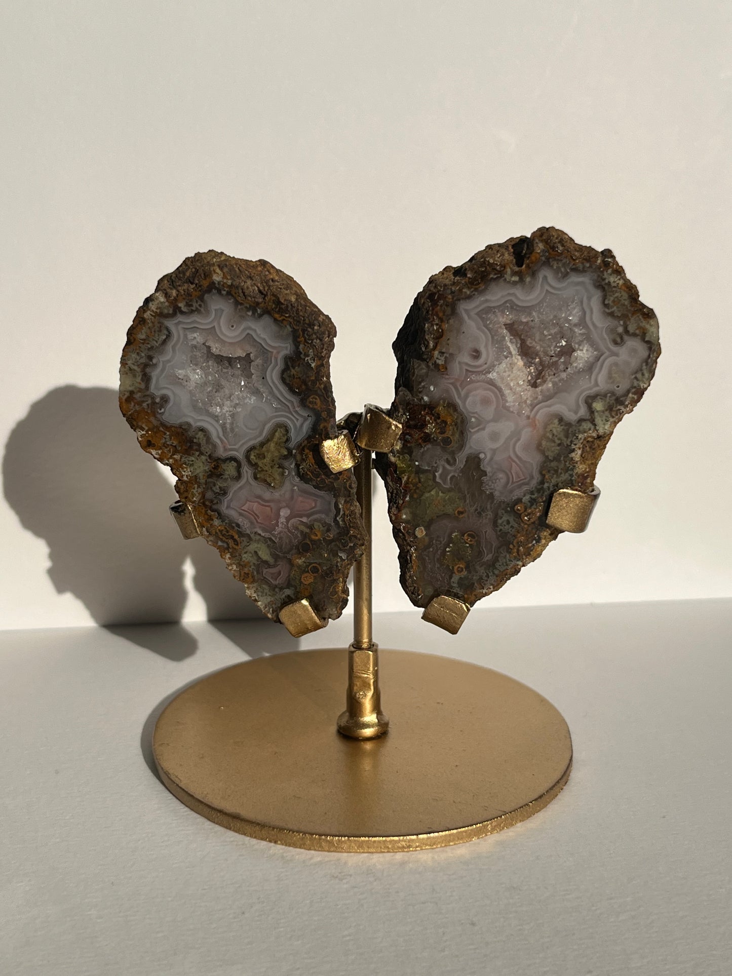 “The Garden of Paradise” Agua Nueva with Green Moss Inclusions Butterfly Pair on Stand