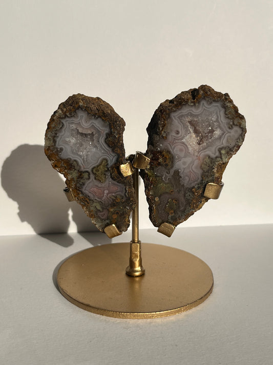 “The Garden of Paradise” Agua Nueva with Green Moss Inclusions Butterfly Pair on Stand