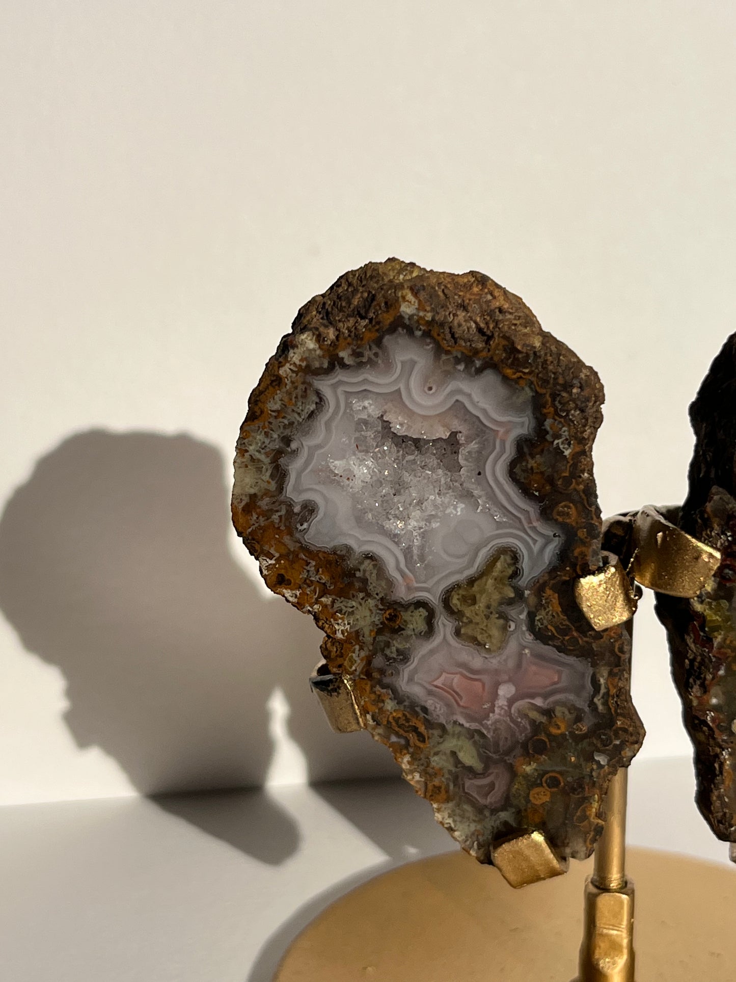 “The Garden of Paradise” Agua Nueva with Green Moss Inclusions Butterfly Pair on Stand