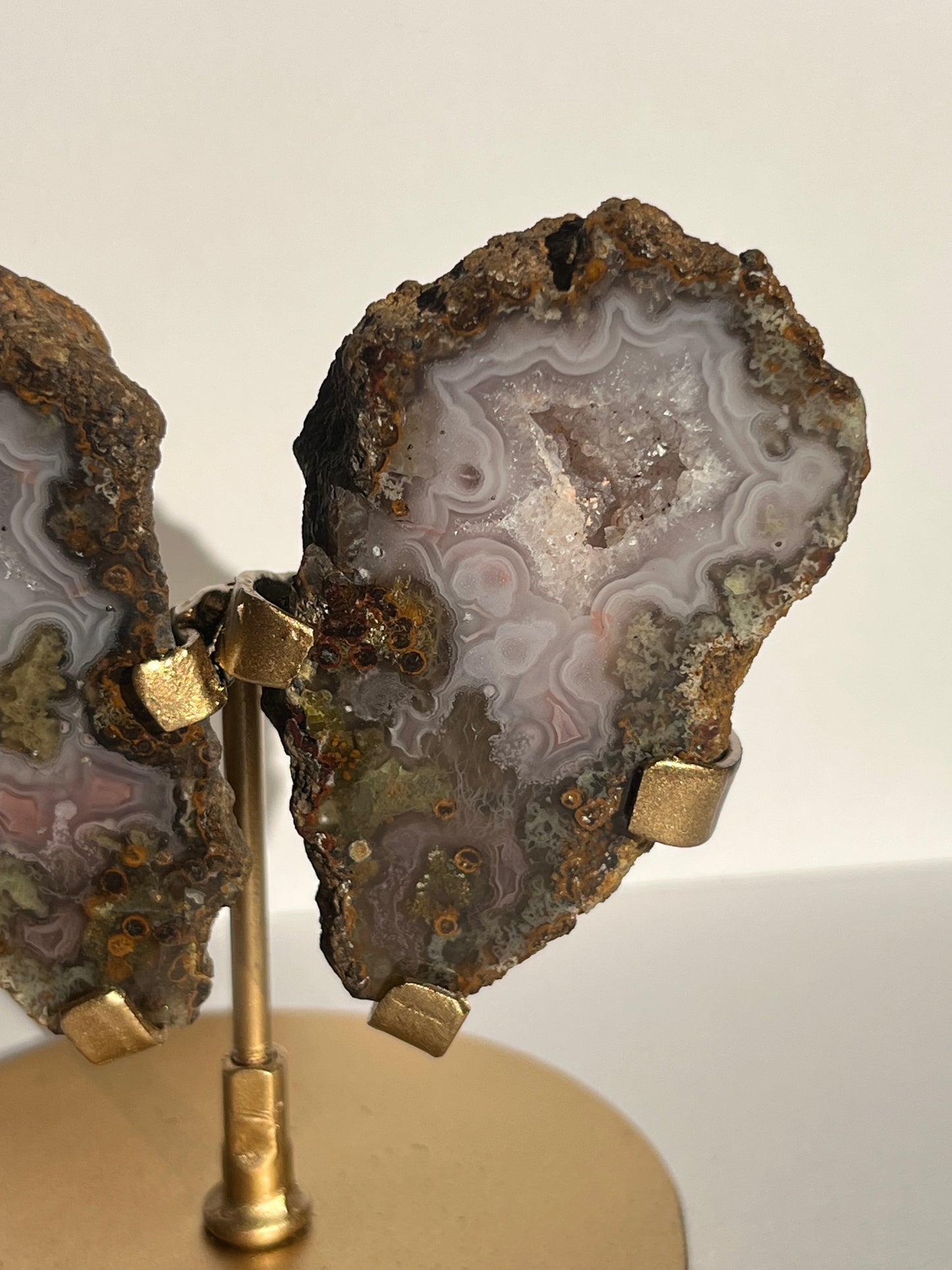 “The Garden of Paradise” Agua Nueva with Green Moss Inclusions Butterfly Pair on Stand