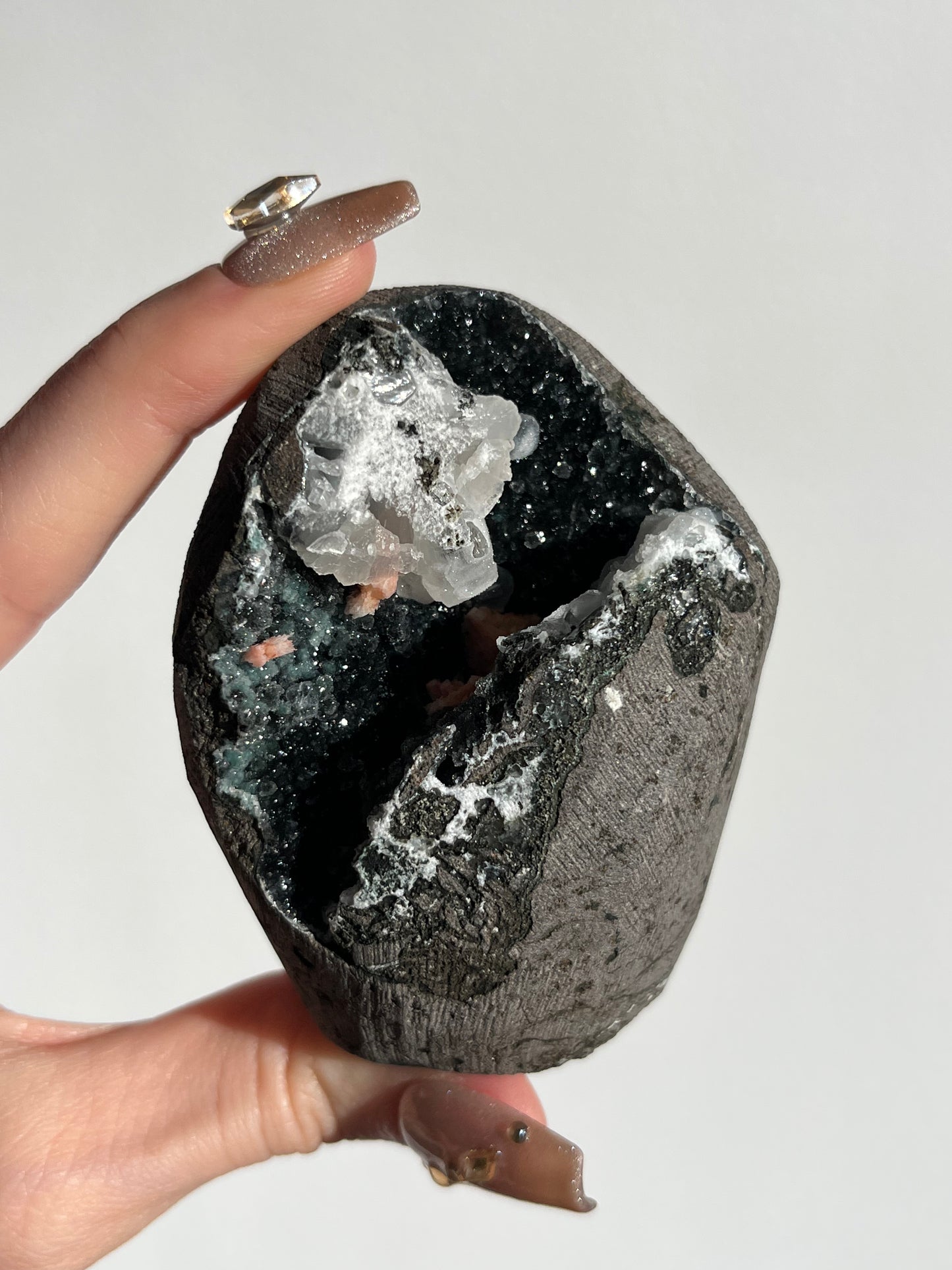 Black Chalcedony & Apophyllite Geode Cave in Basalt with Red Heulandite C
