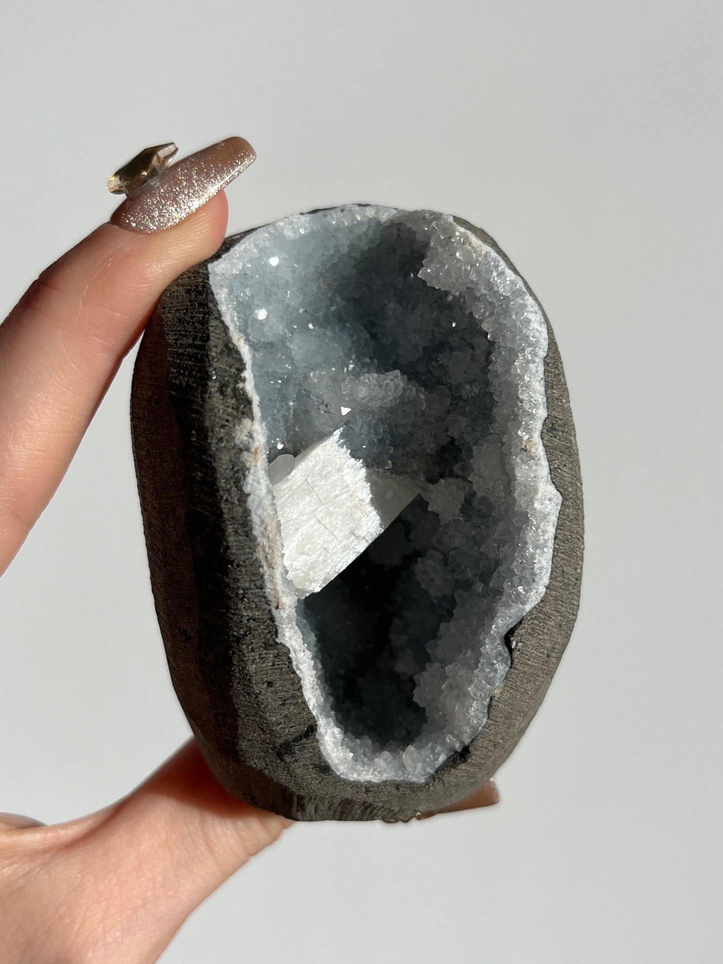 Blue Chalcedony Geode Cave in Basalt with Stilbite F