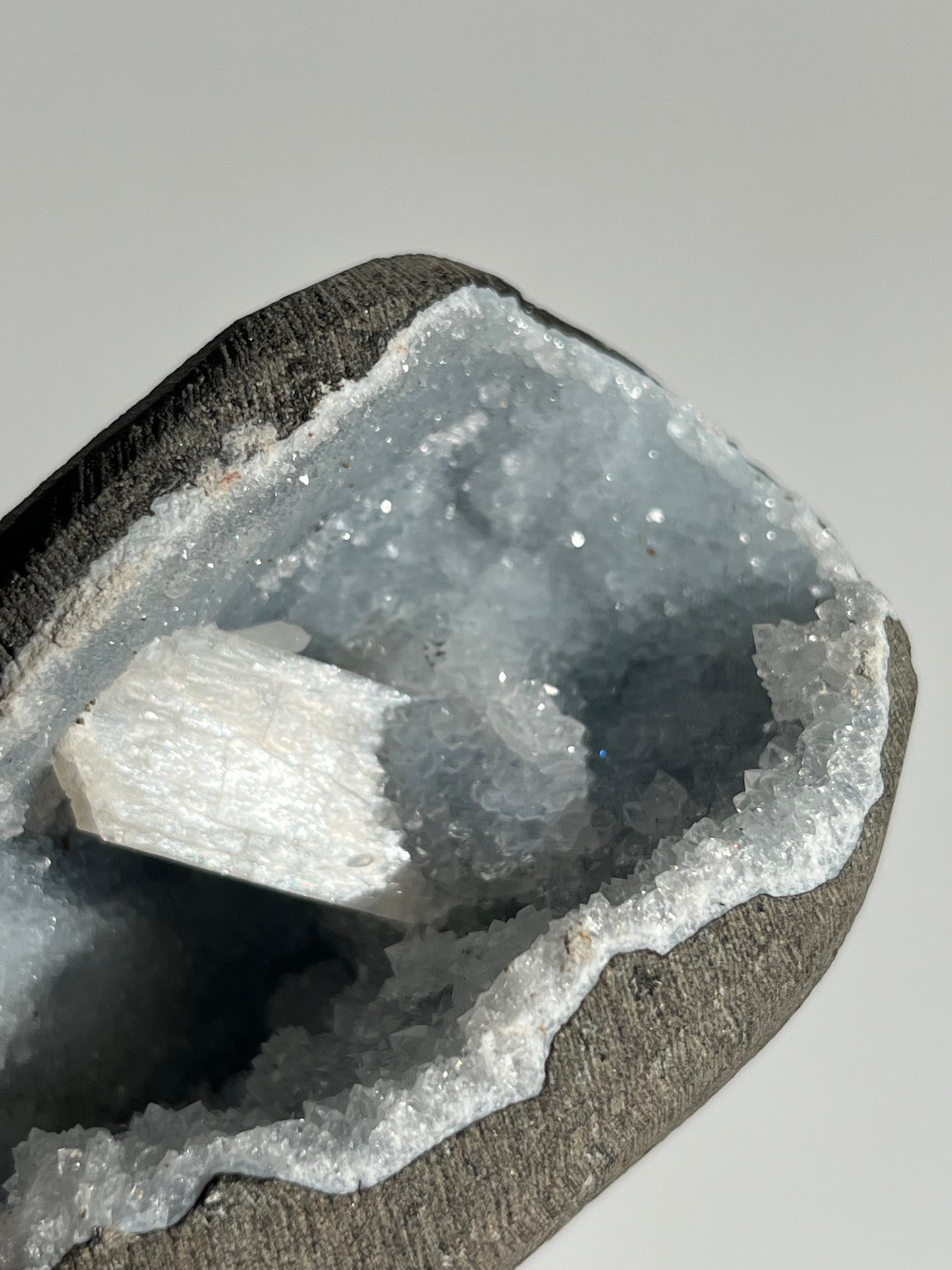 Blue Chalcedony Geode Cave in Basalt with Stilbite F