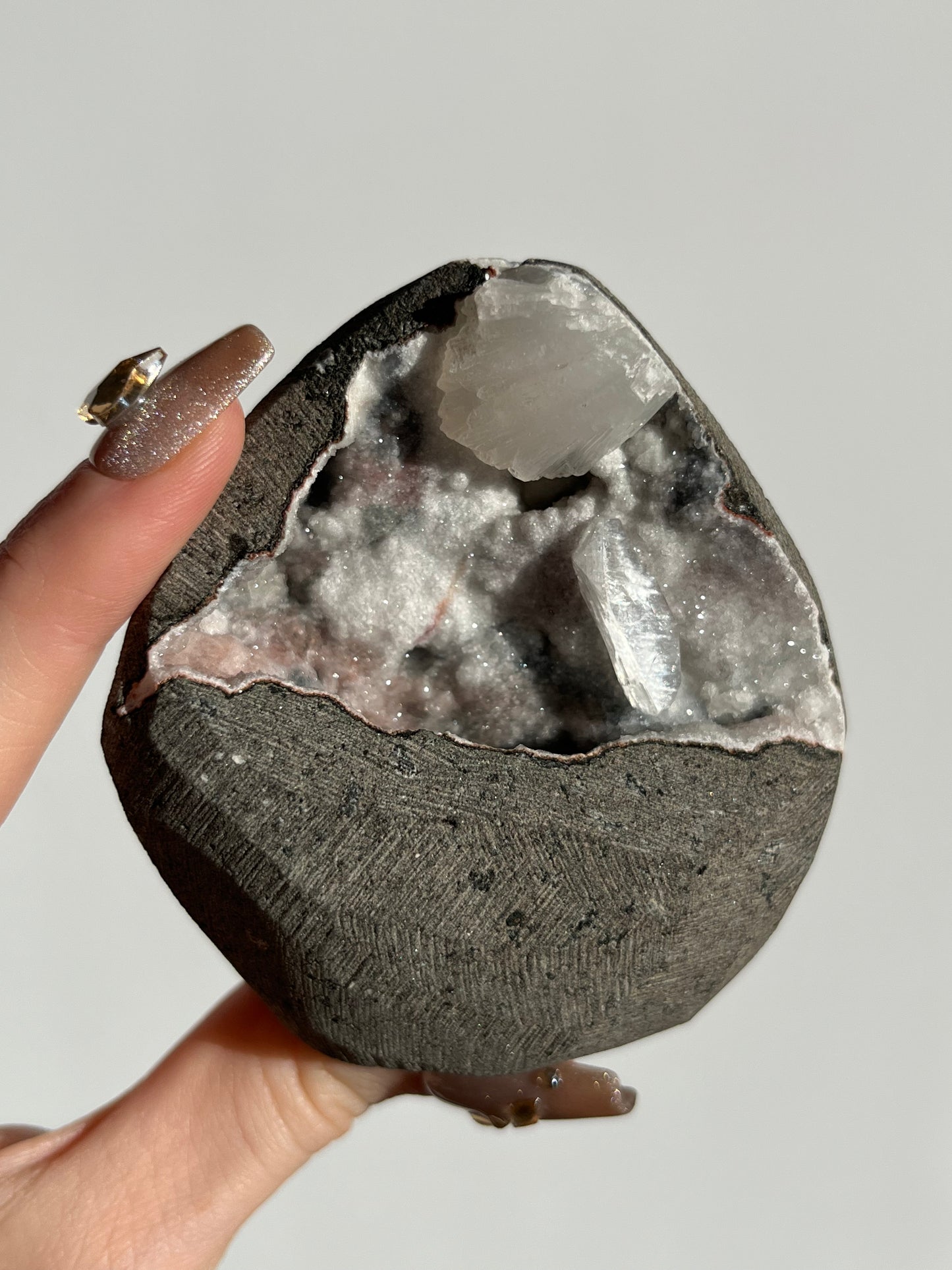 Pink Chalcedony with Stilbite and Apophyllite Geode Cave in Basalt J