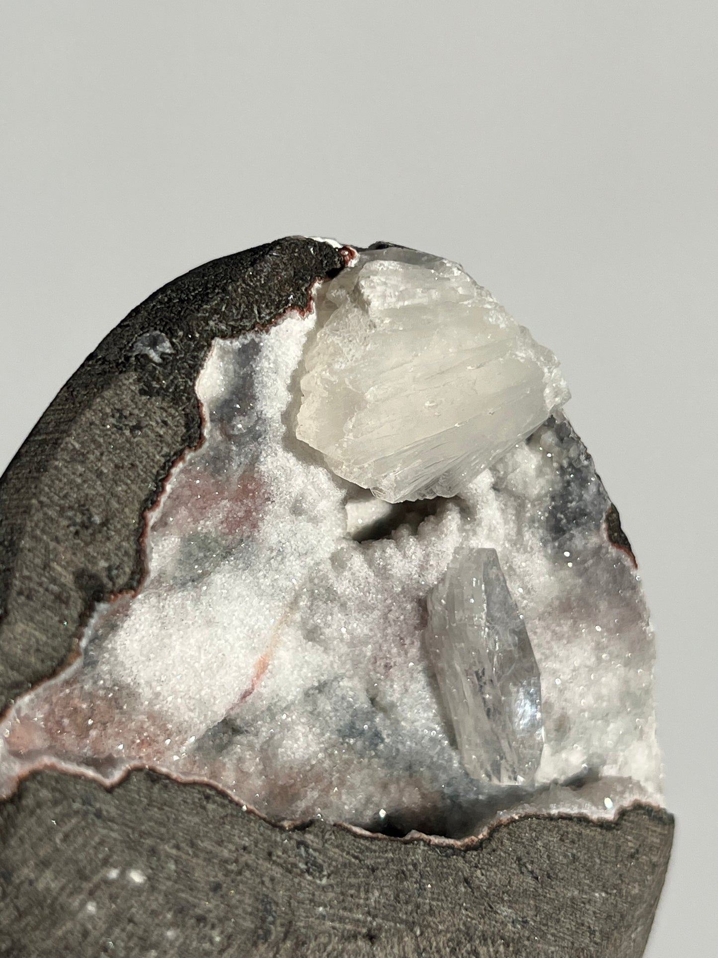 Pink Chalcedony with Stilbite and Apophyllite Geode Cave in Basalt J