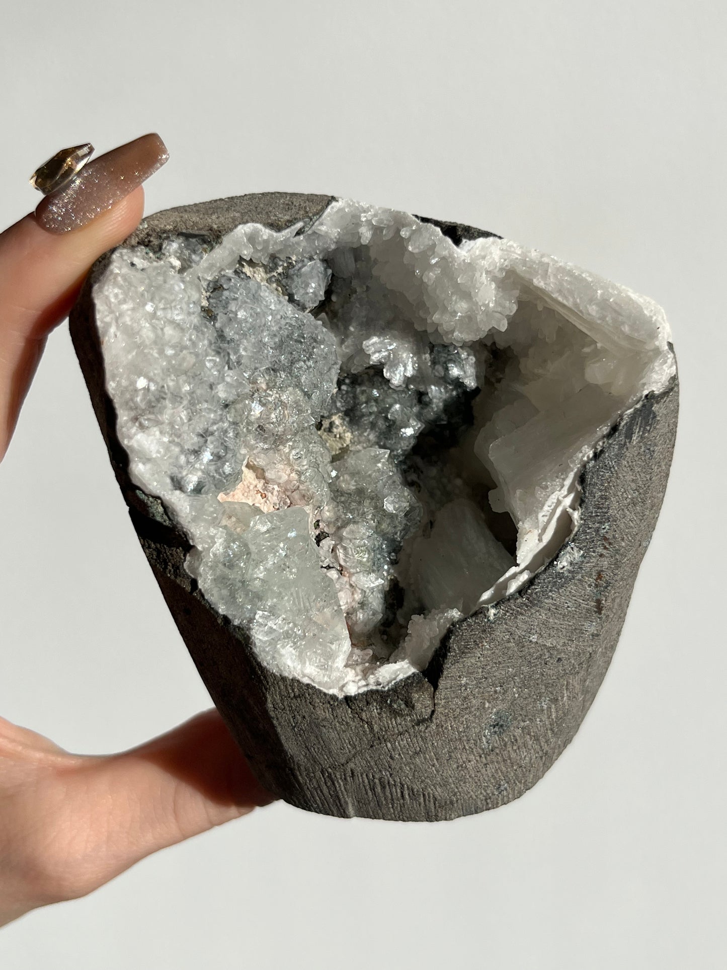 Apophyllite with Stilbite Geode Cave in Basalt K