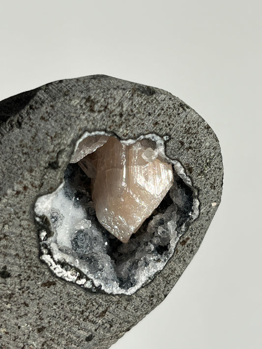 Black Chalcedony with Peach Stilbite Geode Cave in Basalt P