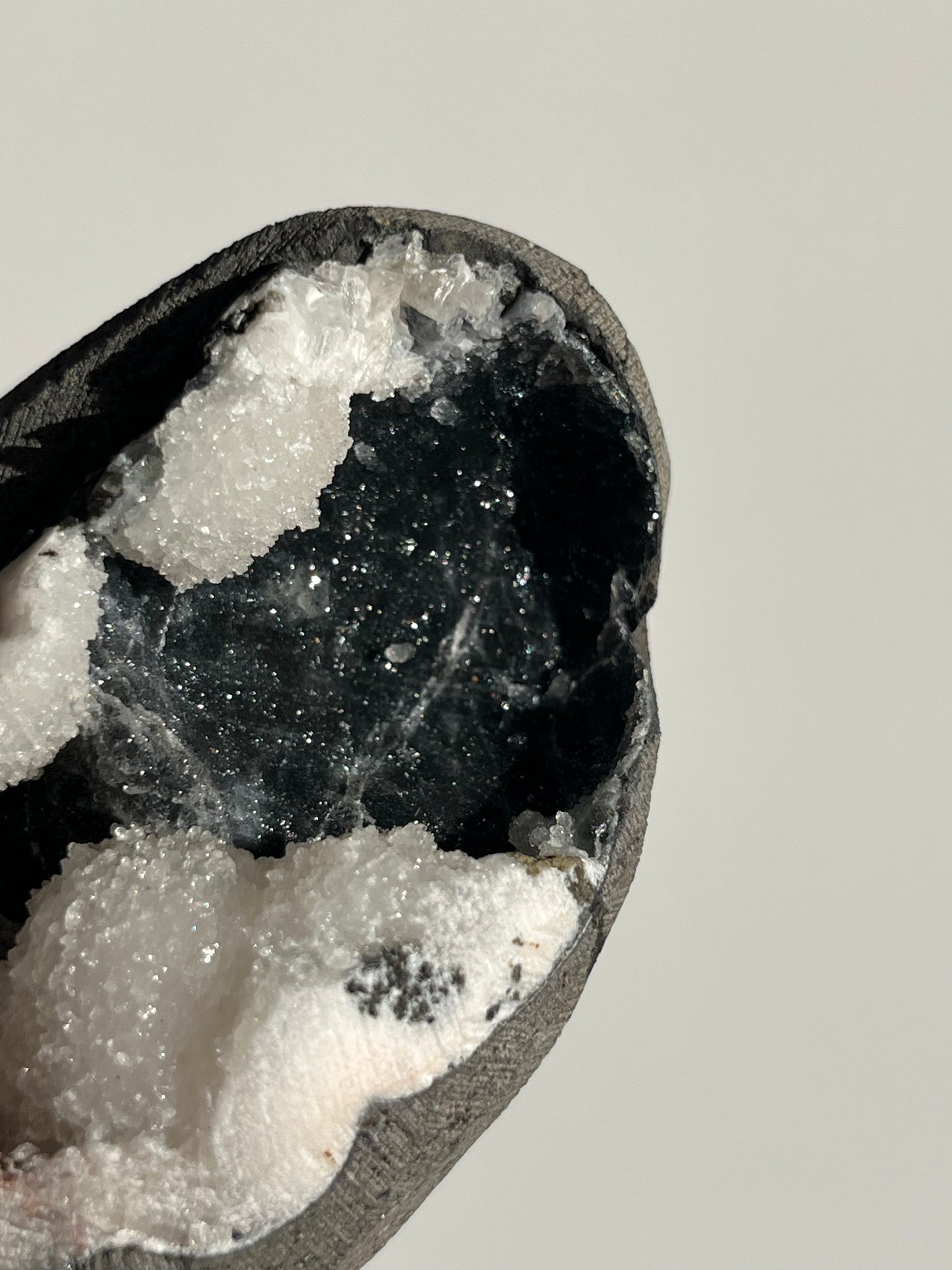 Black Chalcedony with Peach Stilbite and White Druzy Chalcedony Geode Cave in Basalt R