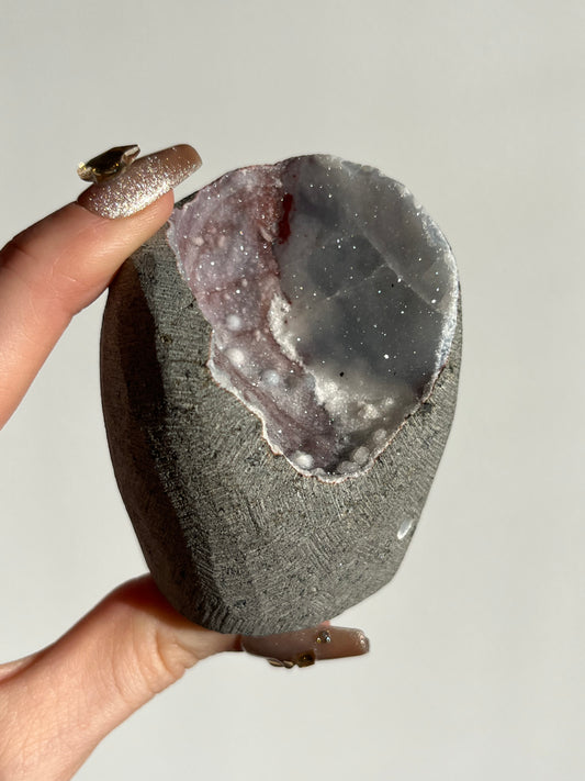 Pink-Purple Chalcedony Geode Cave in Basalt T
