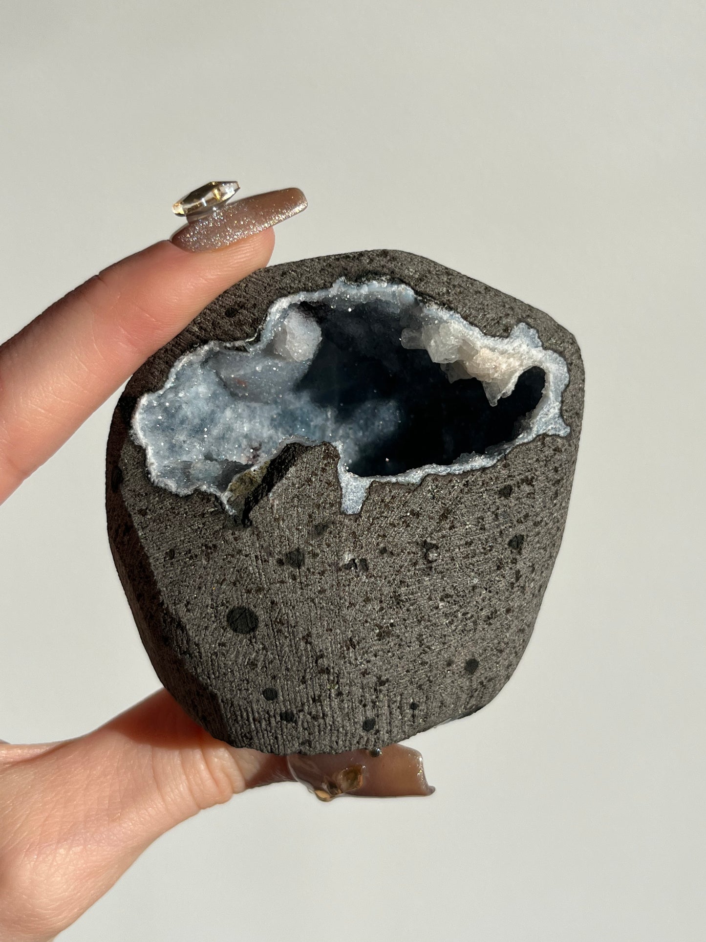 Blue Chalcedony with Stilbite Geode Cave in Basalt V