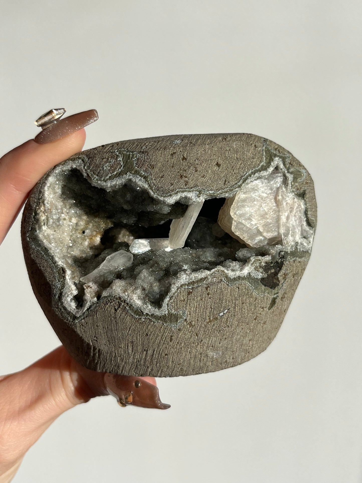 Grey Chalcedony with Peach Stilbite Geode Cave in Basalt W