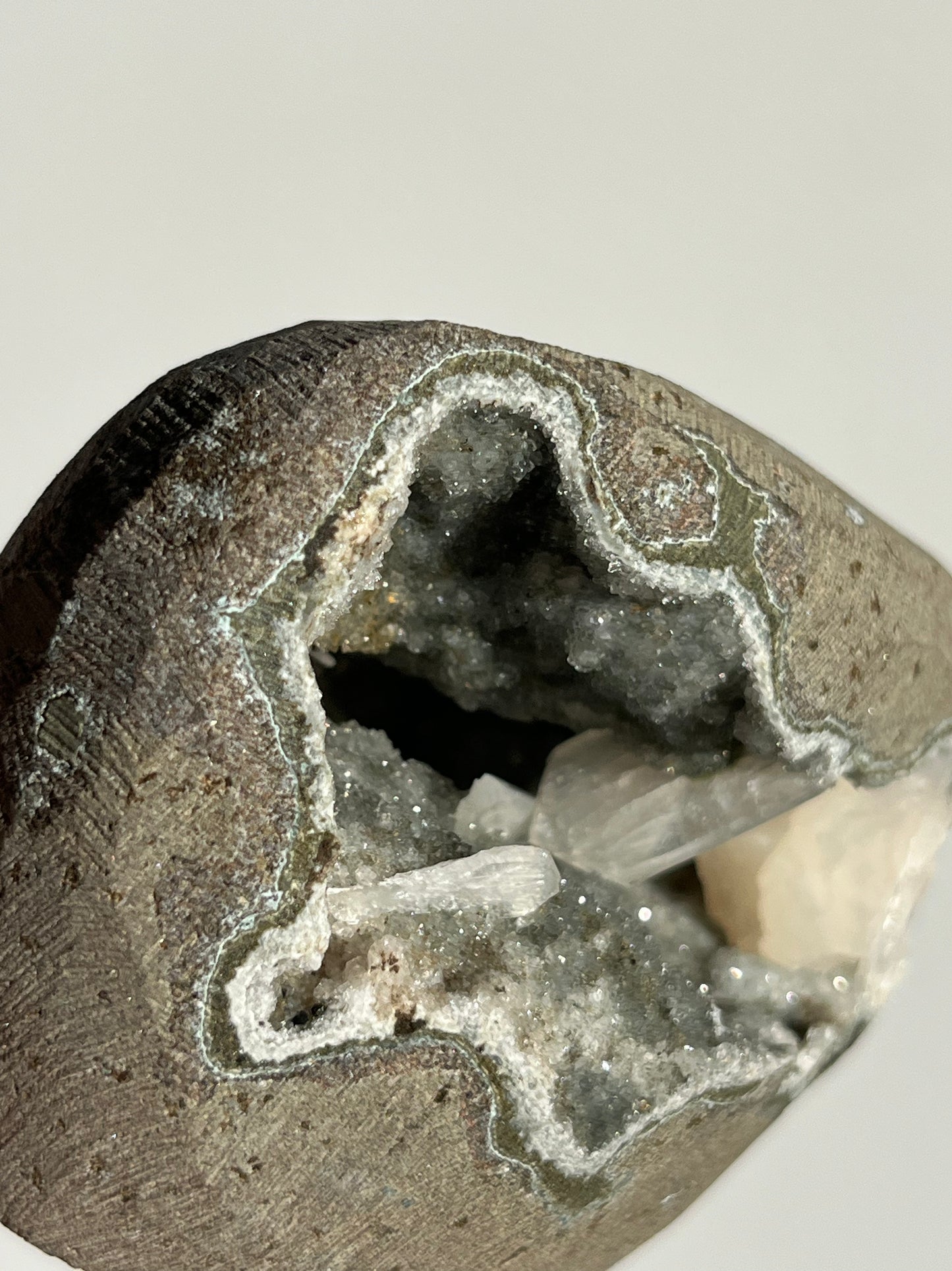 Grey Chalcedony with Peach Stilbite Geode Cave in Basalt W