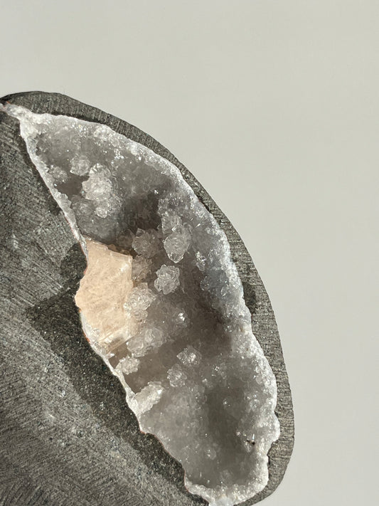 Stalactitic Apophyllite with Peach Stilbite Geode Cave in Basalt Z