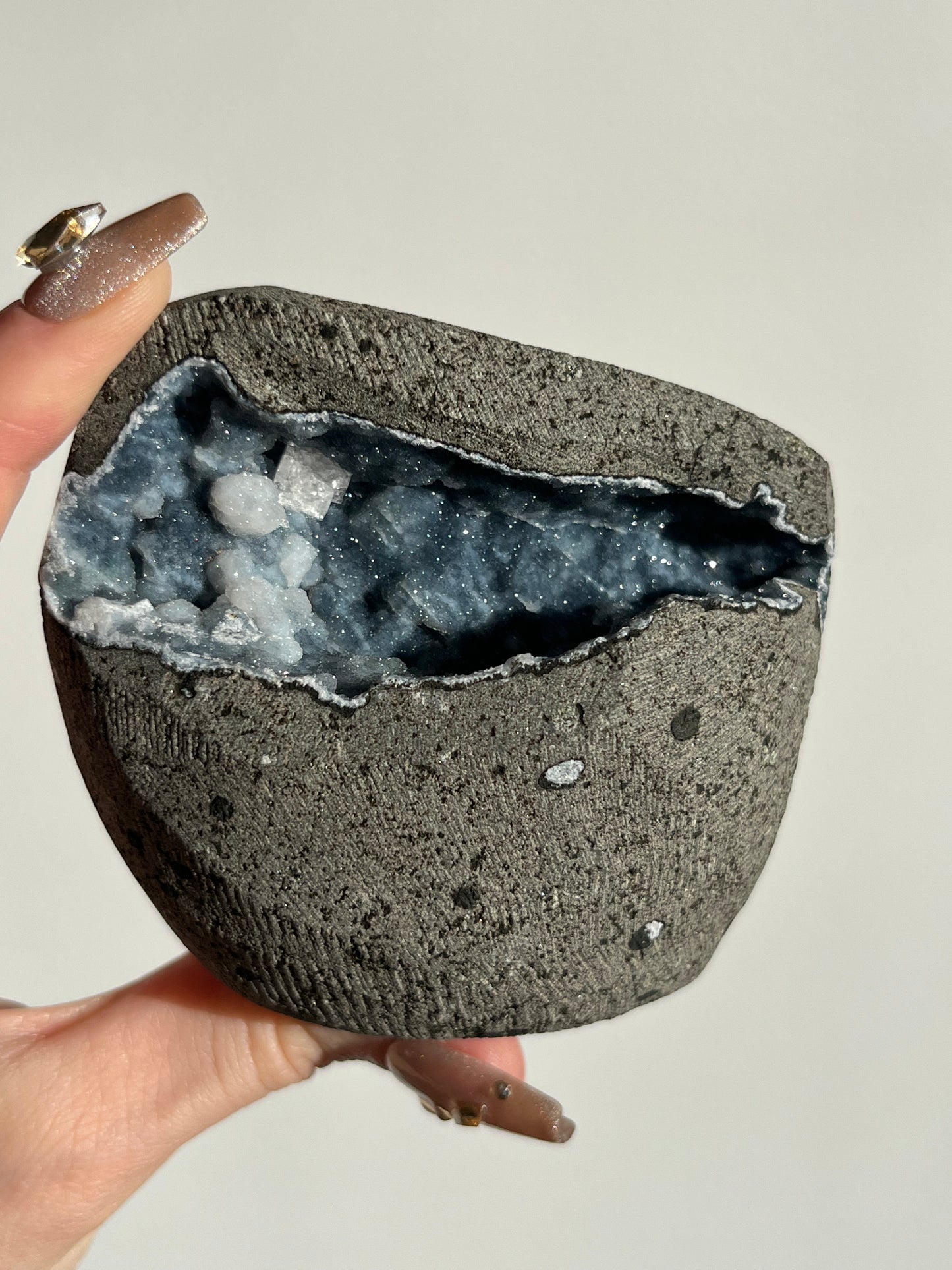 Blue Chalcedony with Apophyllite Geode Cave in Basalt AB