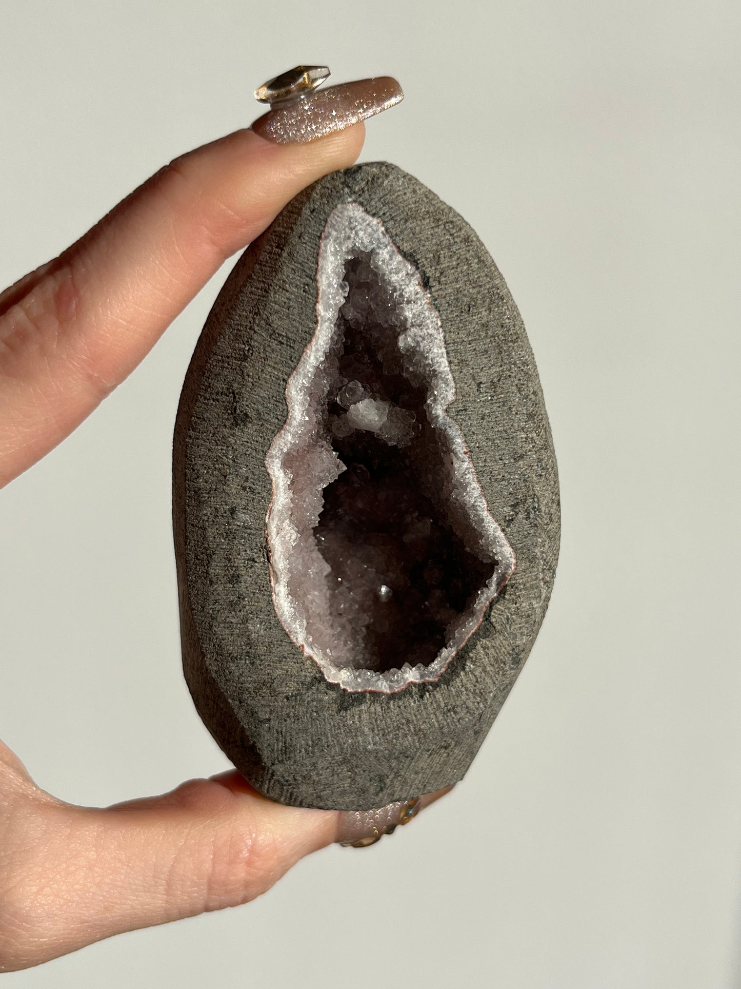 Amethyst with Stilbite Geode Cave in Basalt AE