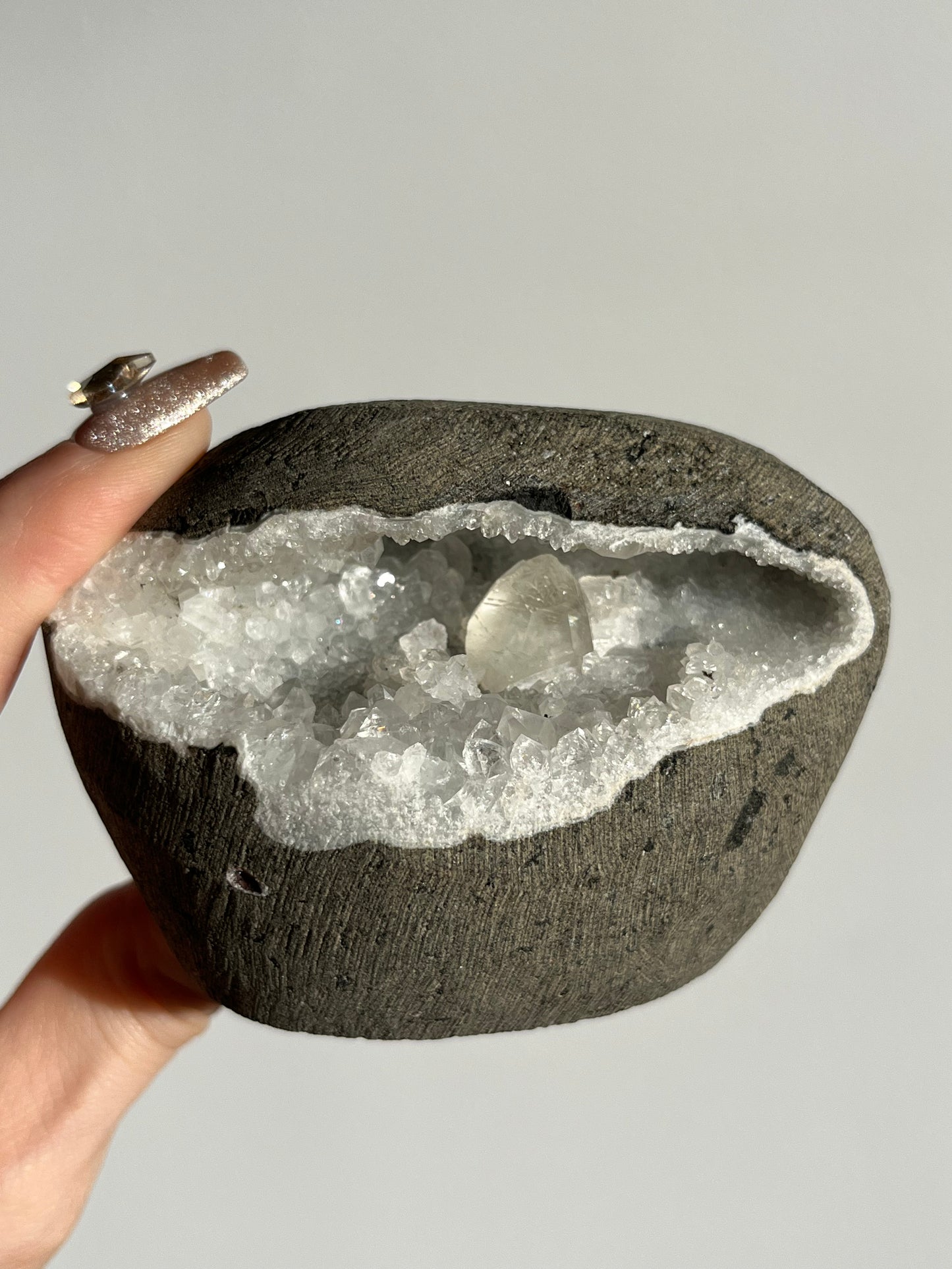 Clear Quartz with Calcite Geode Cave in Basalt AO