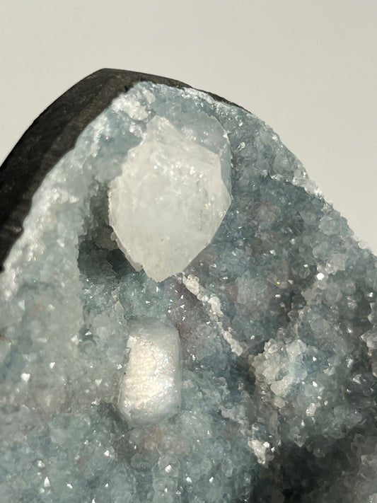 Blue Chalcedony with Etched Apophyllite Geode Cave in Basalt AP