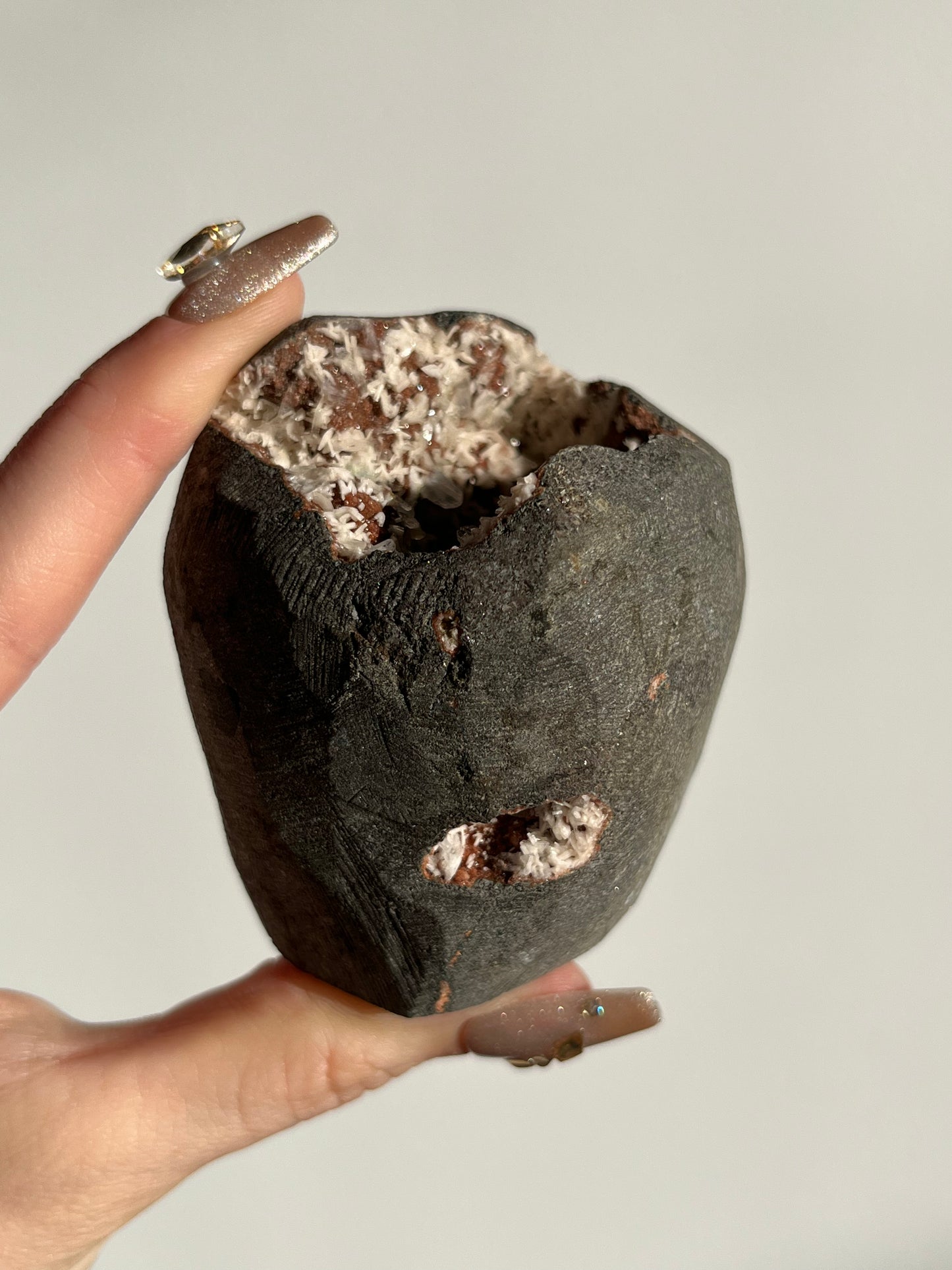Red Druzy Heulandite with Green Apophyllite, Heulandite and Stilbite Geode Cave in Basalt AQ