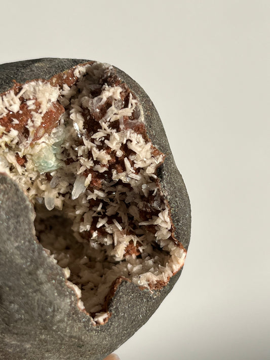 Red Druzy Heulandite with Green Apophyllite, Heulandite and Stilbite Geode Cave in Basalt AQ
