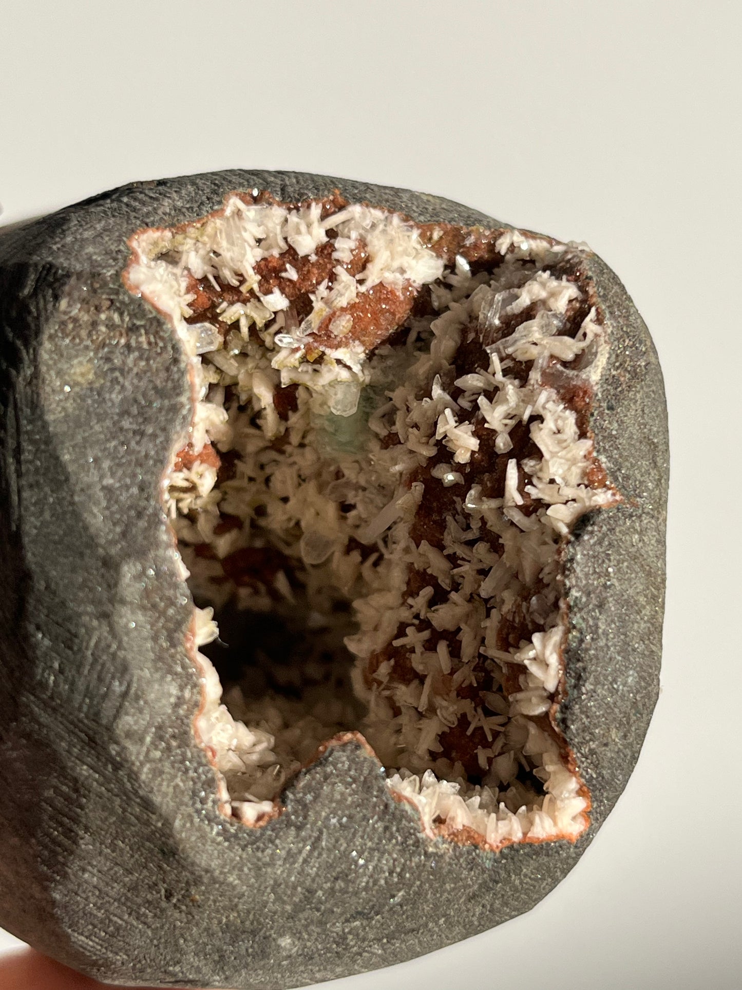 Red Druzy Heulandite with Green Apophyllite, Heulandite and Stilbite Geode Cave in Basalt AQ