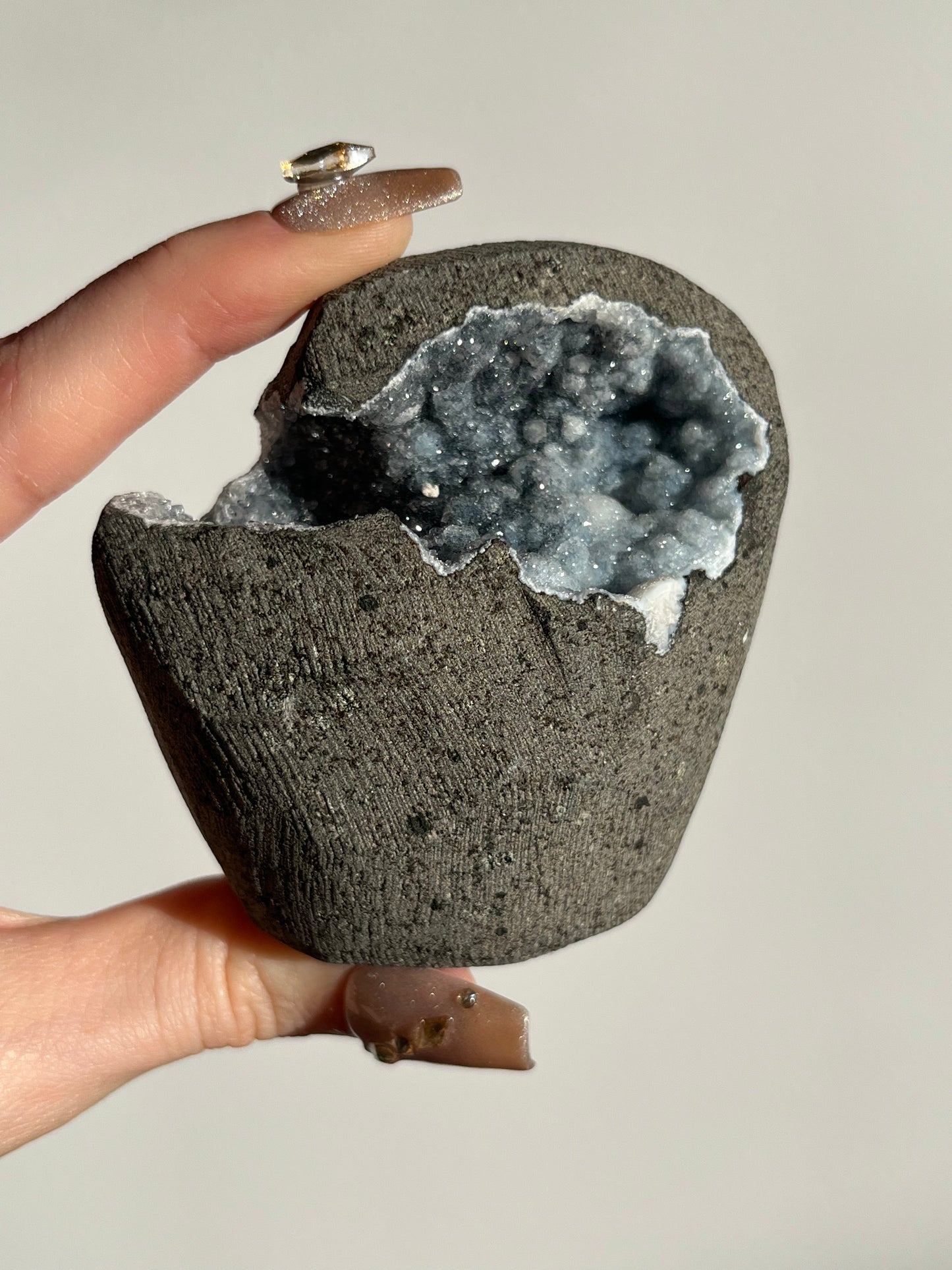 Blue-Grey Chalcedony with Gyrolite Geode Cave in Basalt AS