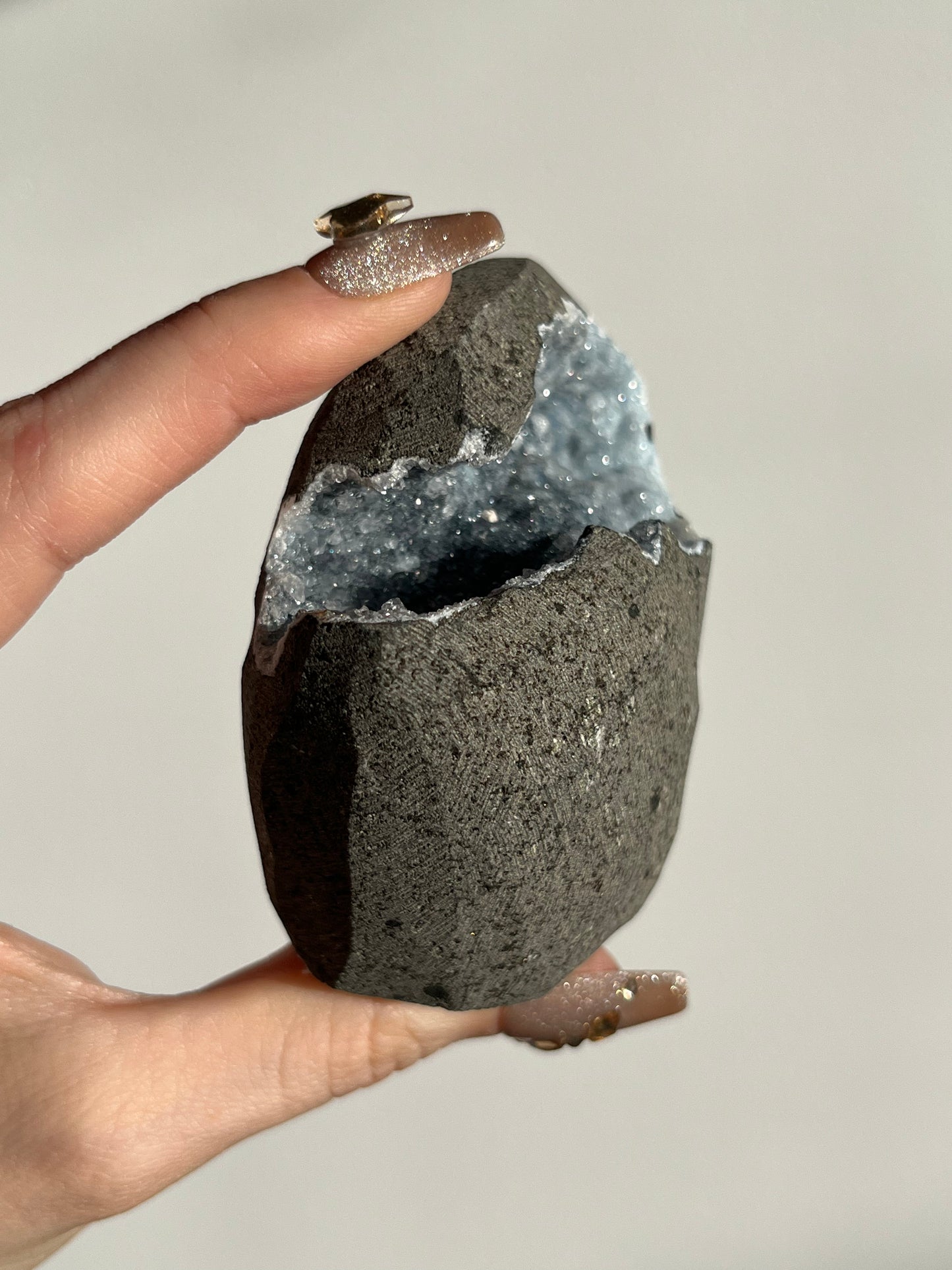 Blue-Grey Chalcedony with Gyrolite Geode Cave in Basalt AS