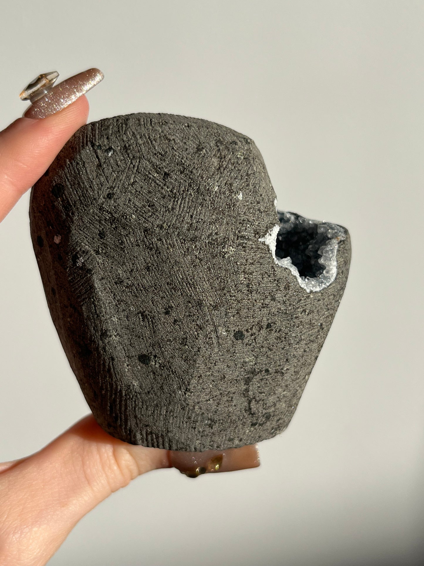 Blue-Grey Chalcedony with Gyrolite Geode Cave in Basalt AS
