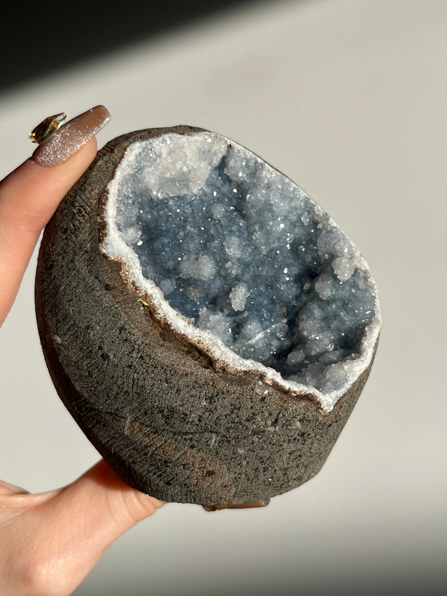 Blue Chalcedony with Quartz and Red Heulandite Geode Cave in Basalt AY