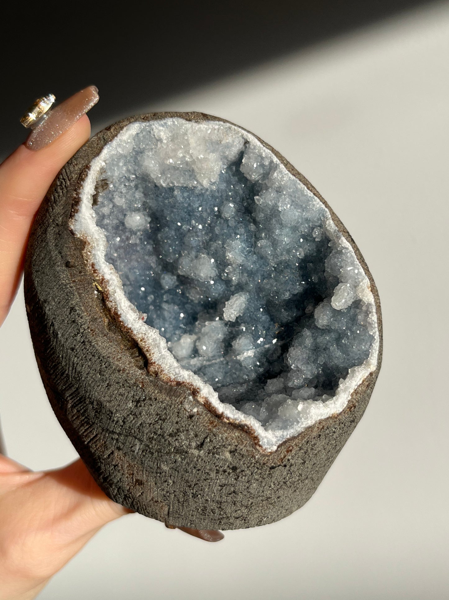 Blue Chalcedony with Quartz and Red Heulandite Geode Cave in Basalt AY