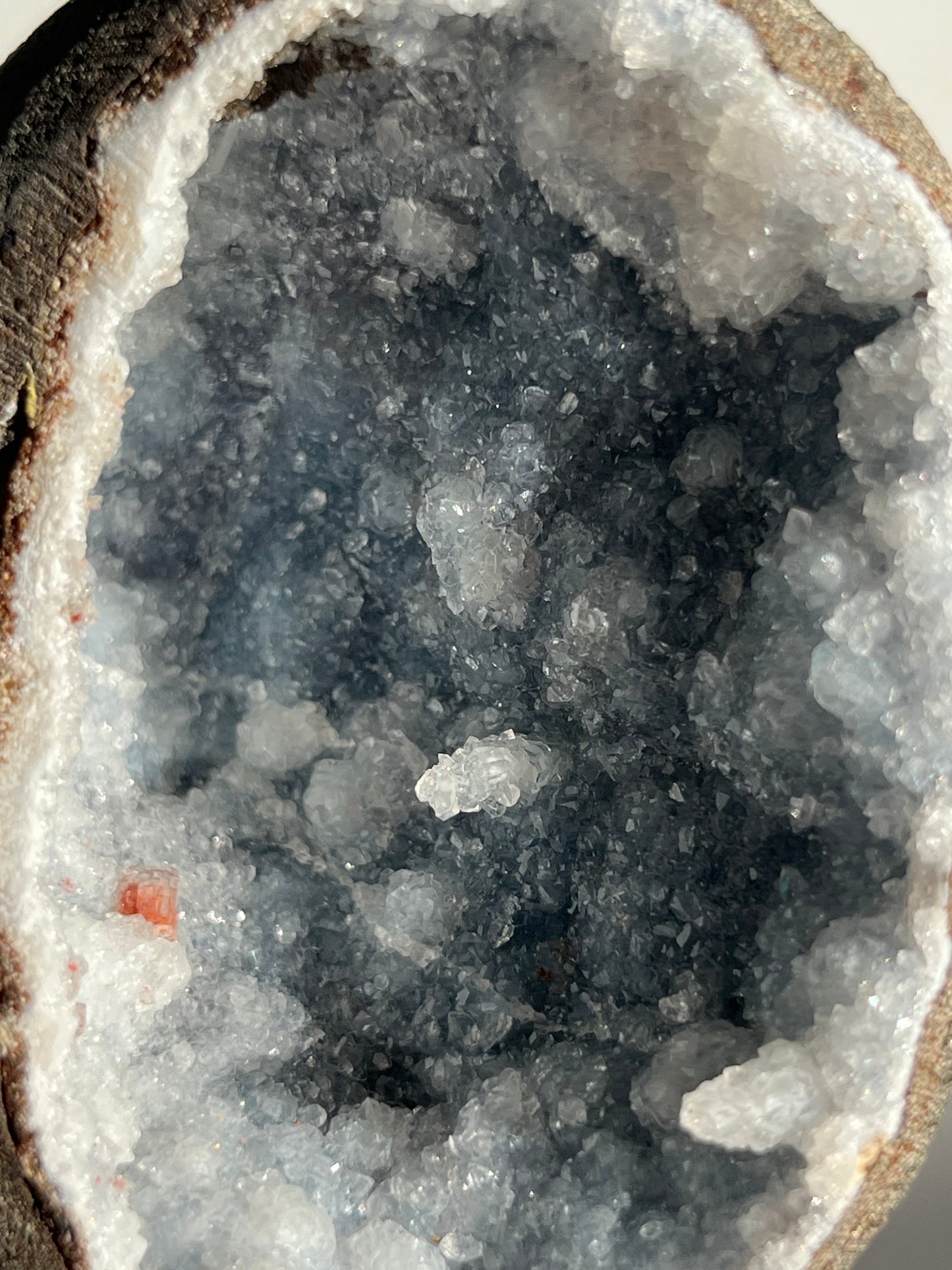 Blue Chalcedony with Quartz and Red Heulandite Geode Cave in Basalt AY