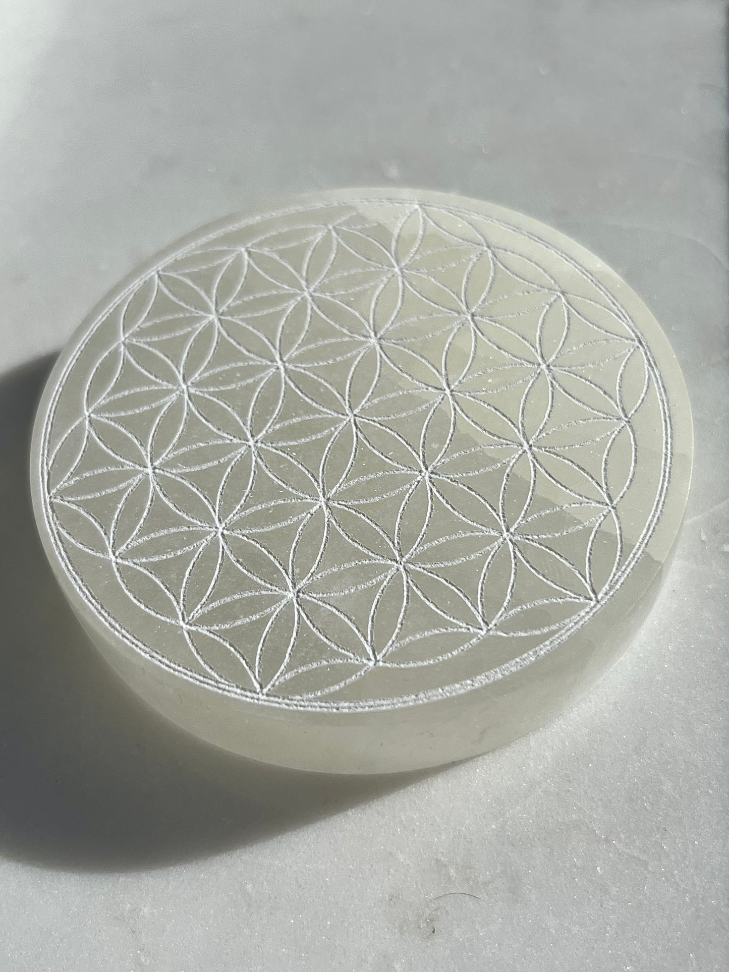 Flower of Life Engraved Selenite Charging Plate