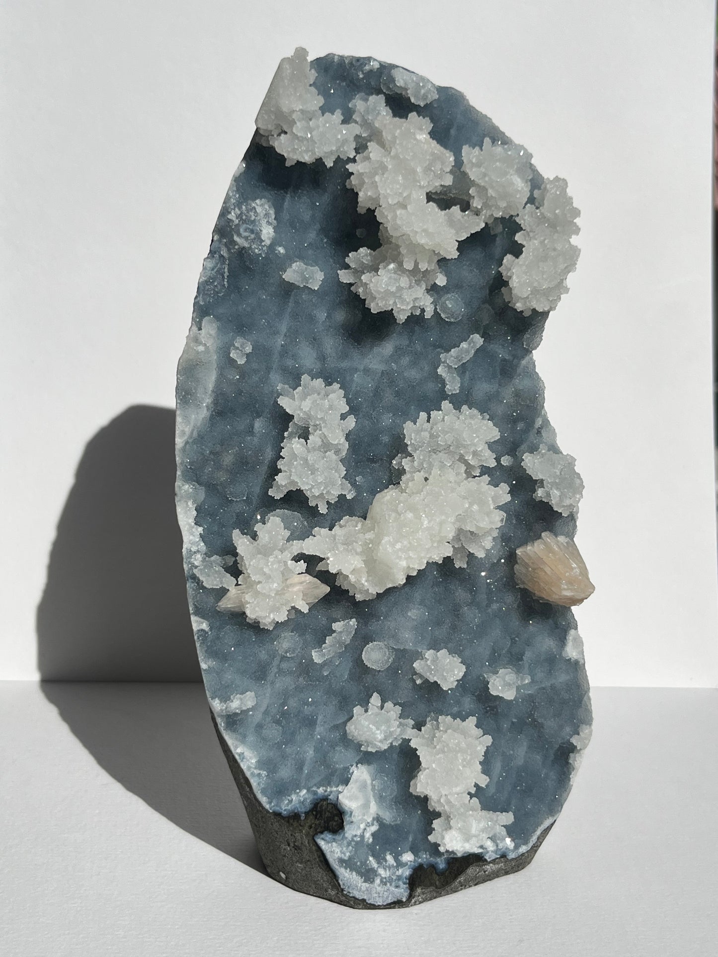 Blue Chalcedony with Flower Formations and Peach Stilbite Specimen A
