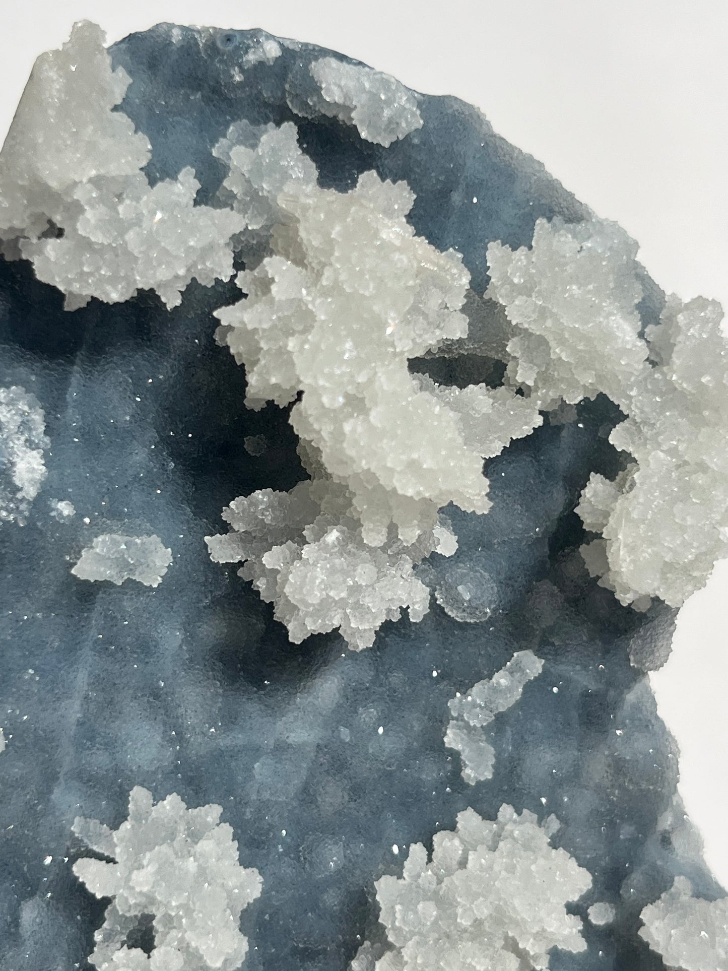 Blue Chalcedony with Flower Formations and Peach Stilbite Specimen A