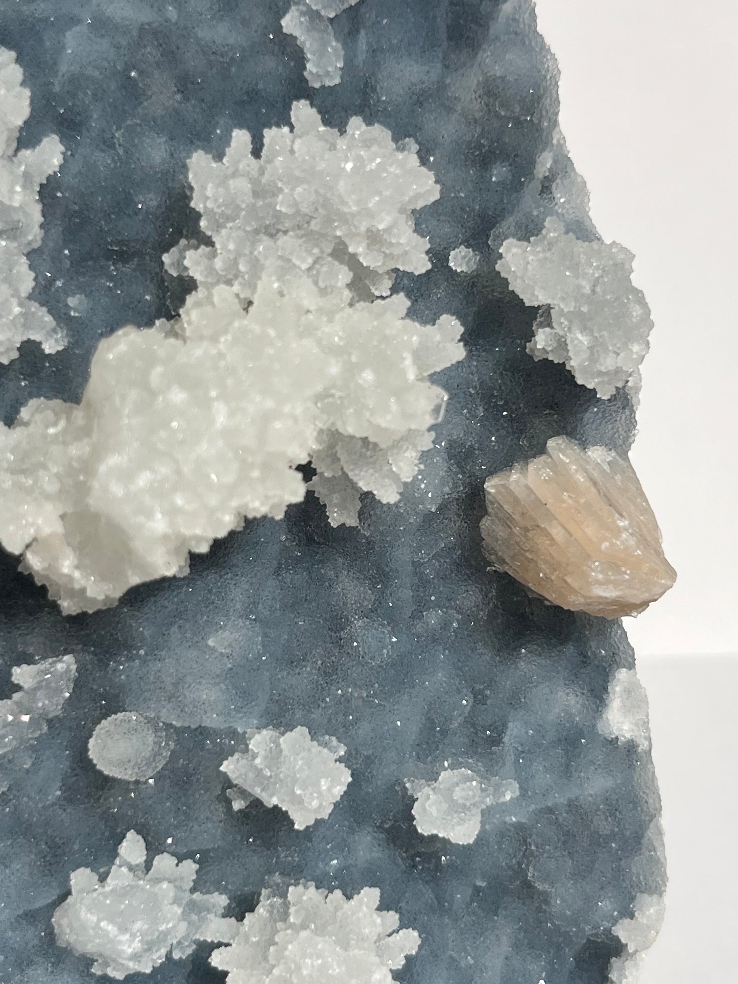Blue Chalcedony with Flower Formations and Peach Stilbite Specimen A