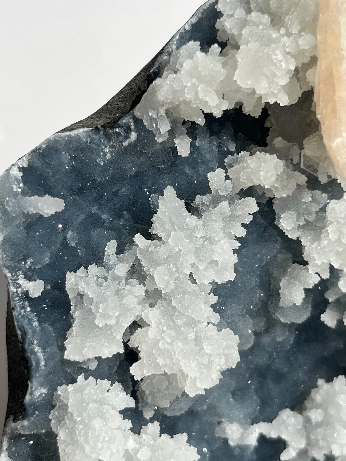 Blue Chalcedony with Flower Formations and Peach Stilbite Specimen B