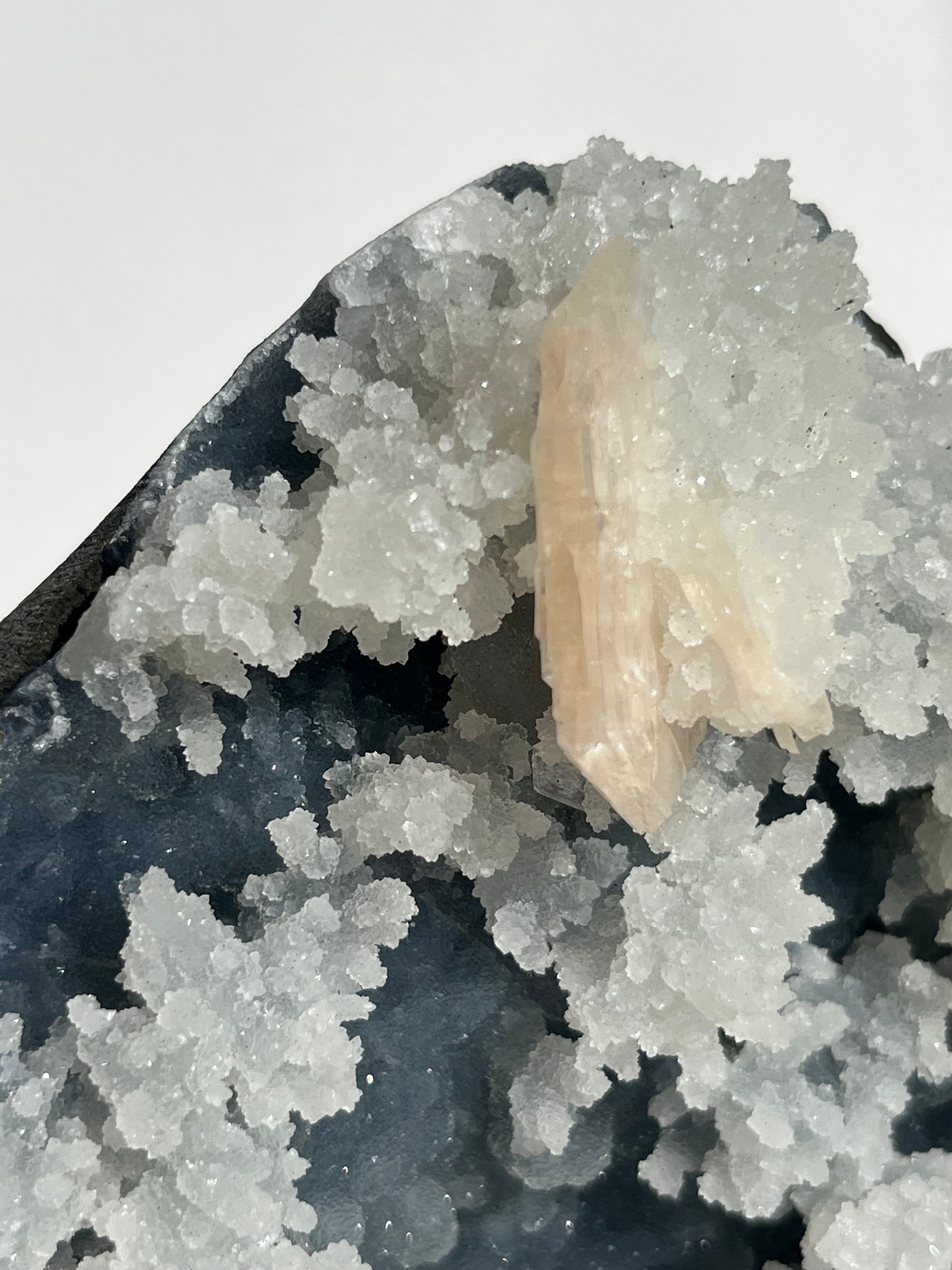 Blue Chalcedony with Flower Formations and Peach Stilbite Specimen B