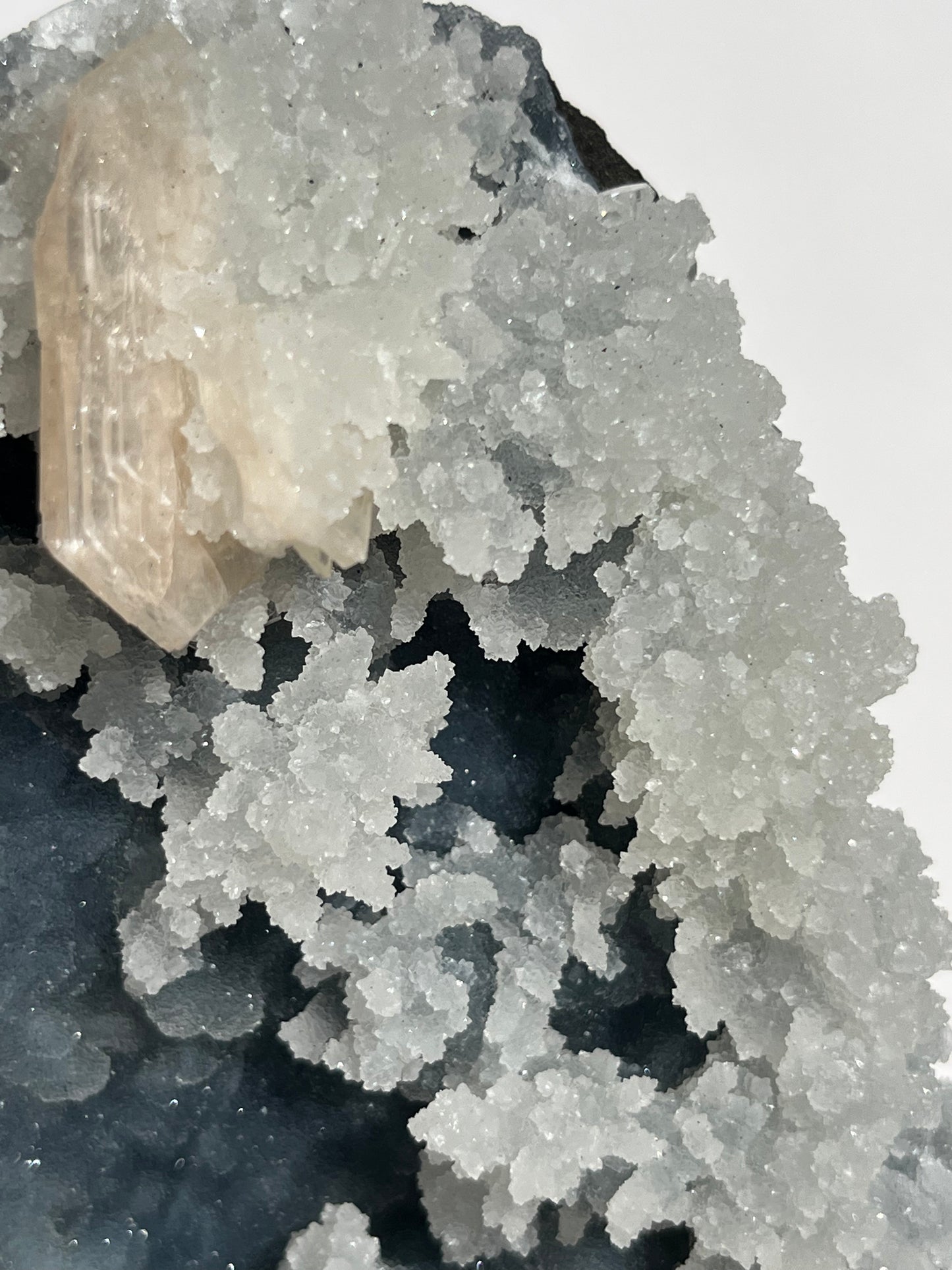 Blue Chalcedony with Flower Formations and Peach Stilbite Specimen B