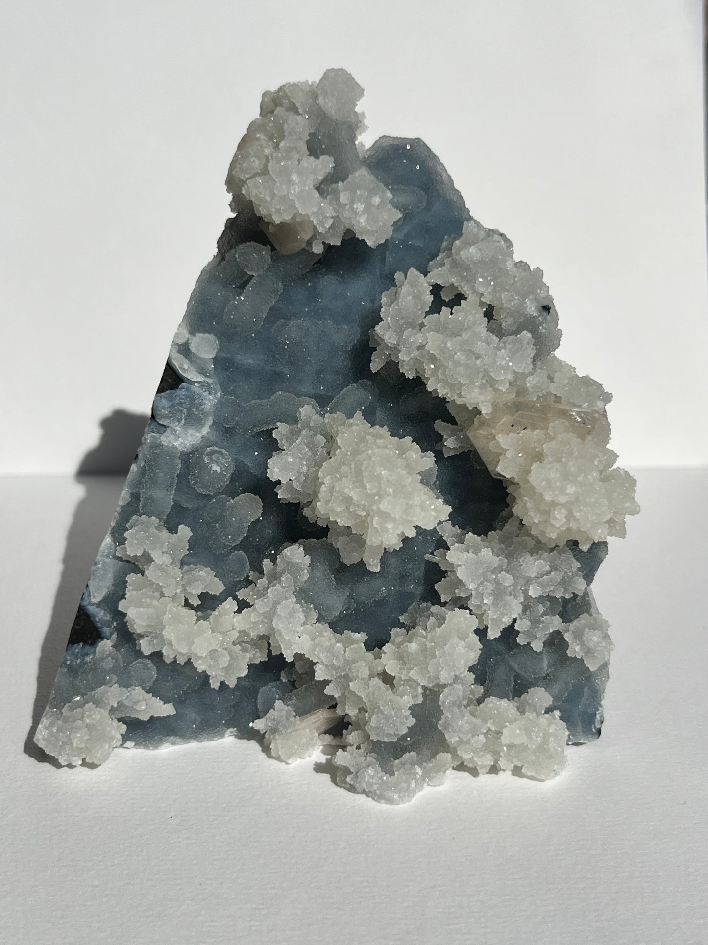 Blue Chalcedony with Flower Formations and Peach Stilbite Specimen C