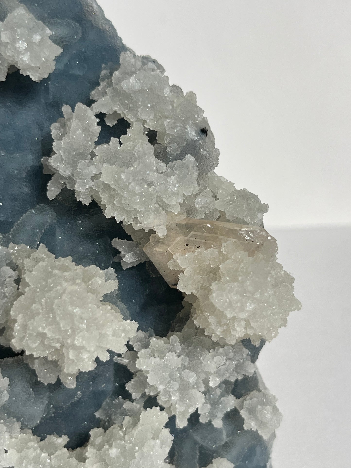 Blue Chalcedony with Flower Formations and Peach Stilbite Specimen C