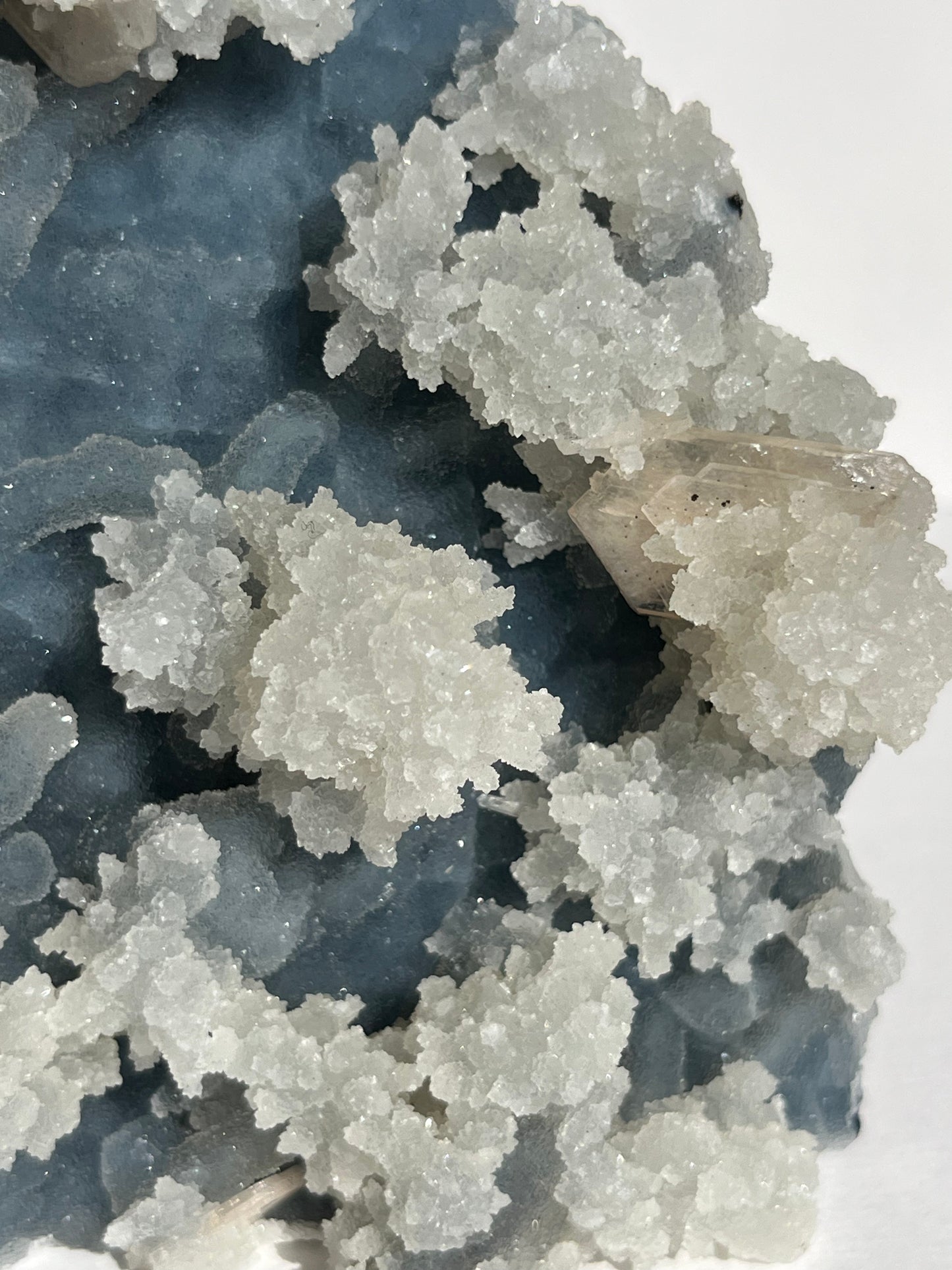 Blue Chalcedony with Flower Formations and Peach Stilbite Specimen C