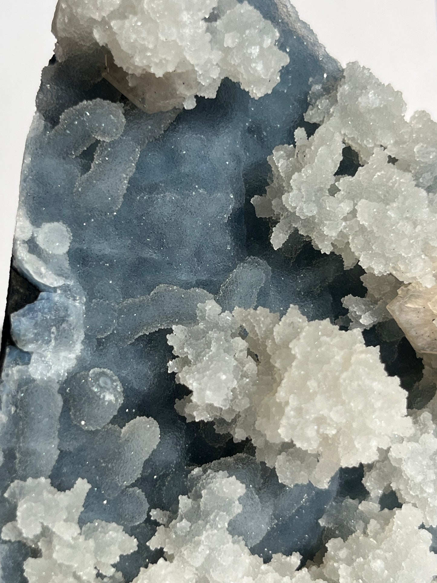 Blue Chalcedony with Flower Formations and Peach Stilbite Specimen C