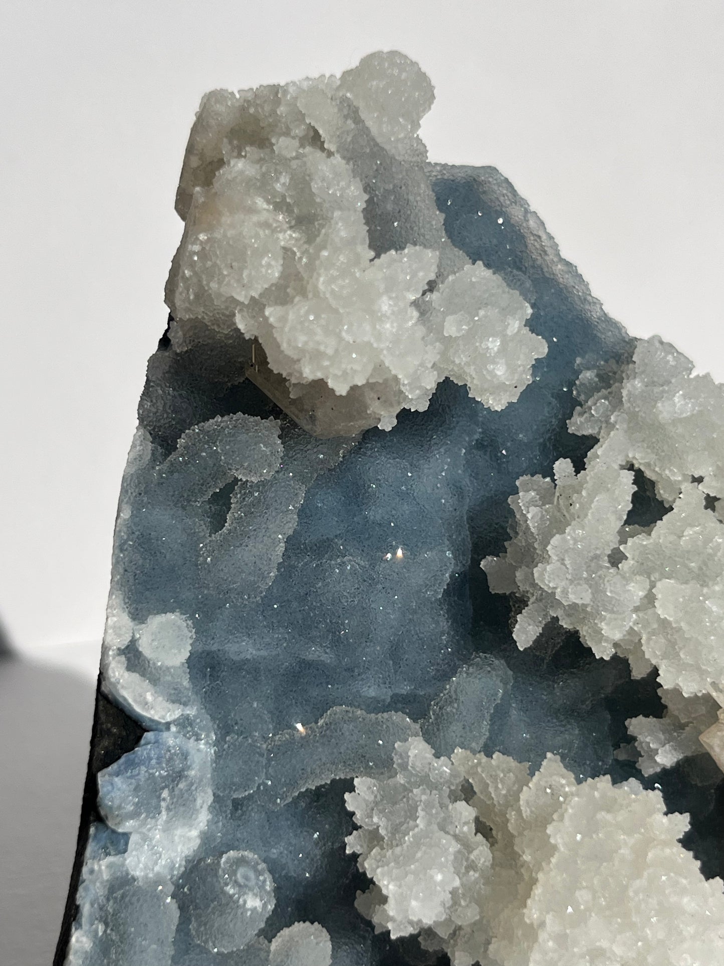 Blue Chalcedony with Flower Formations and Peach Stilbite Specimen C