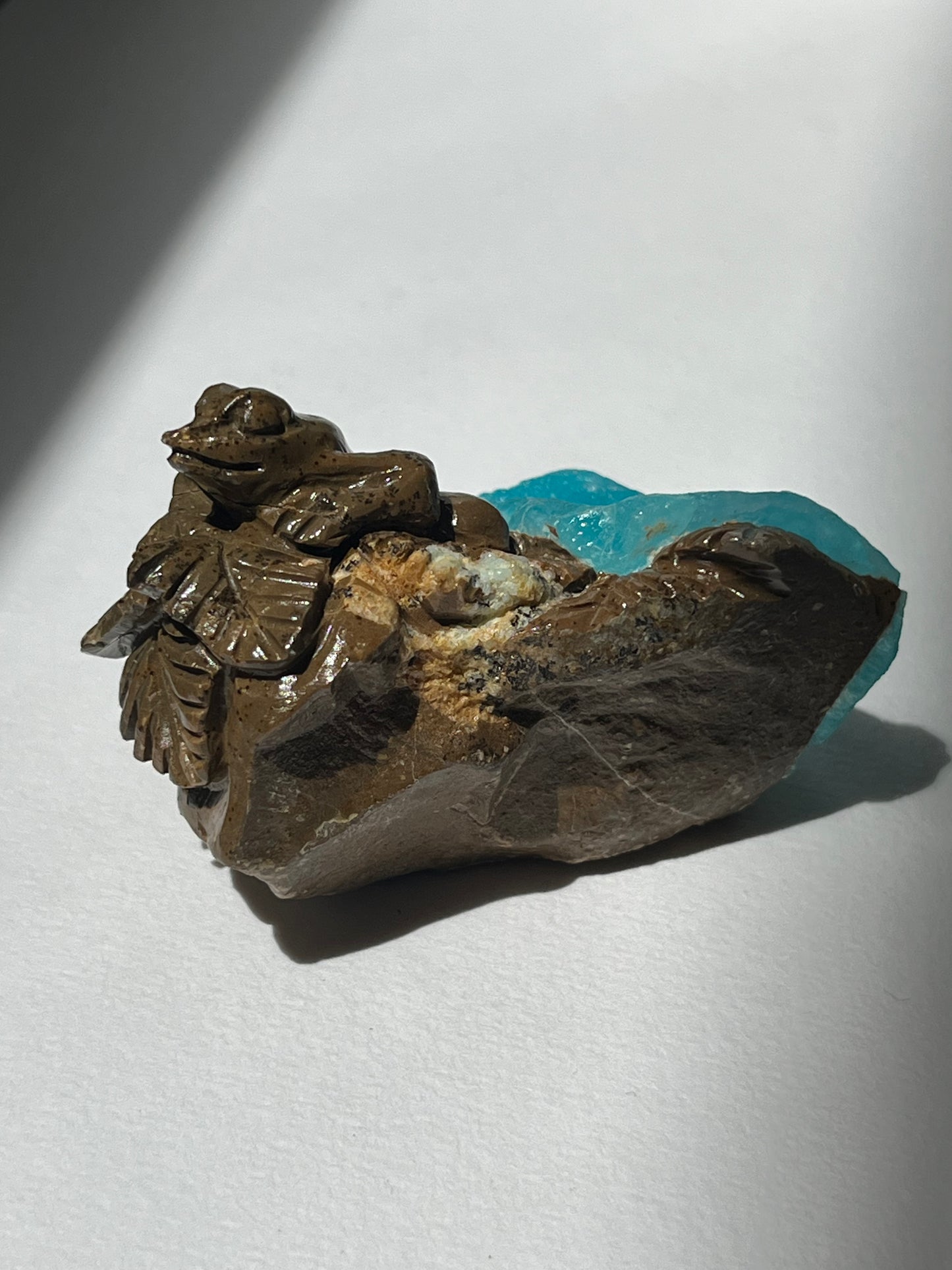 Blue Hemimorphite Frog Carving on Matrix with Dendritic Inclusions