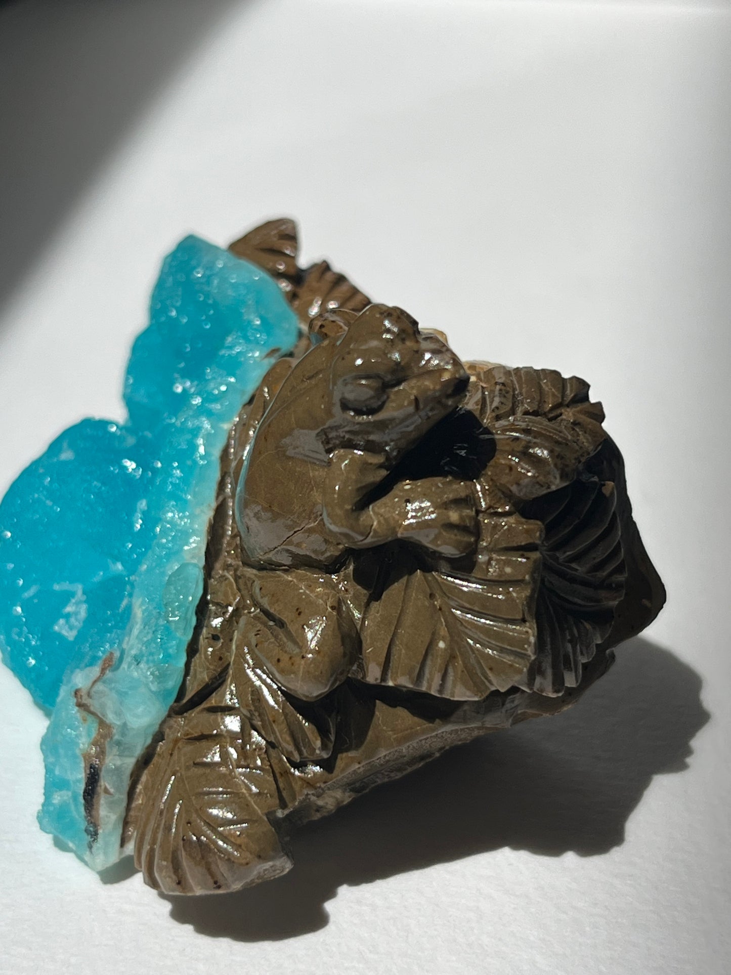 Blue Hemimorphite Frog Carving on Matrix with Dendritic Inclusions