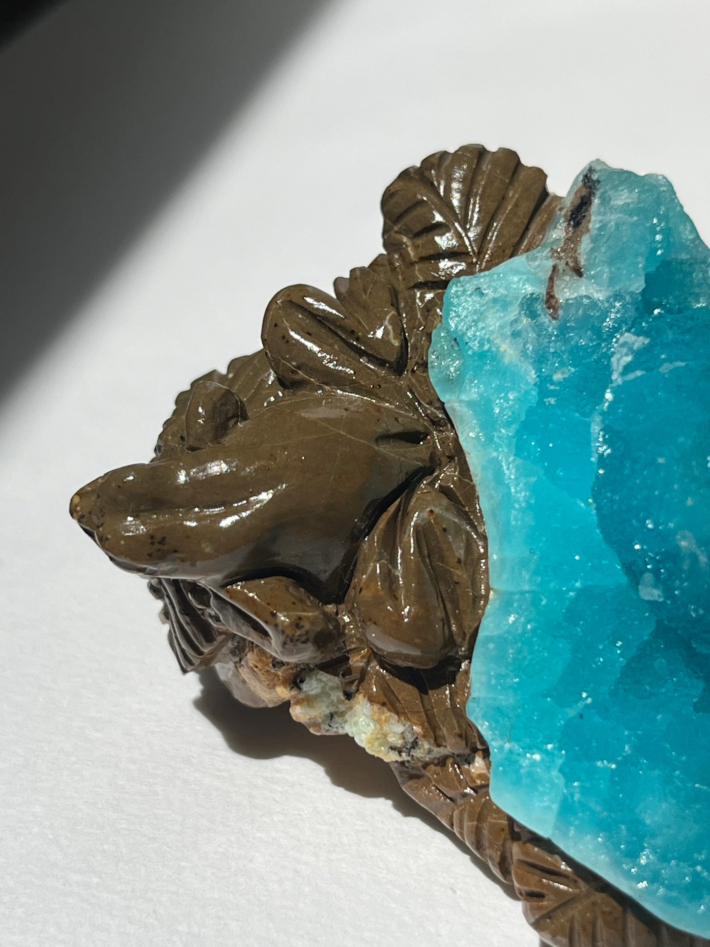 Blue Hemimorphite Frog Carving on Matrix with Dendritic Inclusions