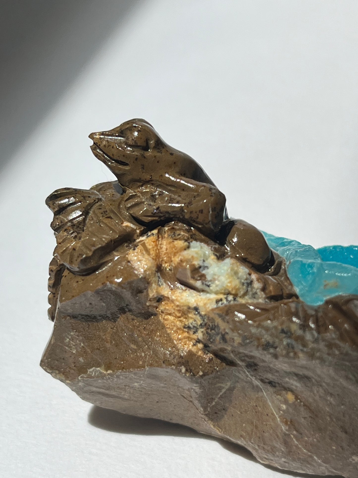 Blue Hemimorphite Frog Carving on Matrix with Dendritic Inclusions